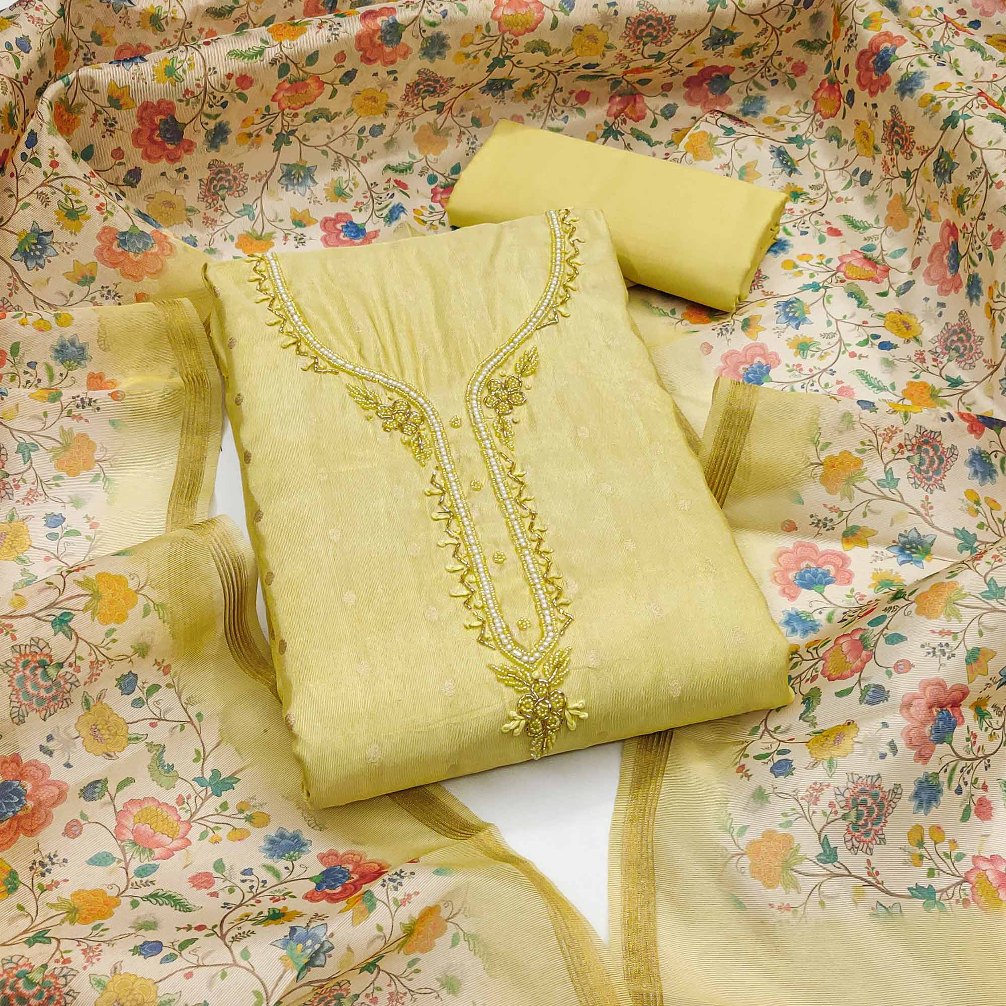 Yellow Zari Work Woven Net Dress Material