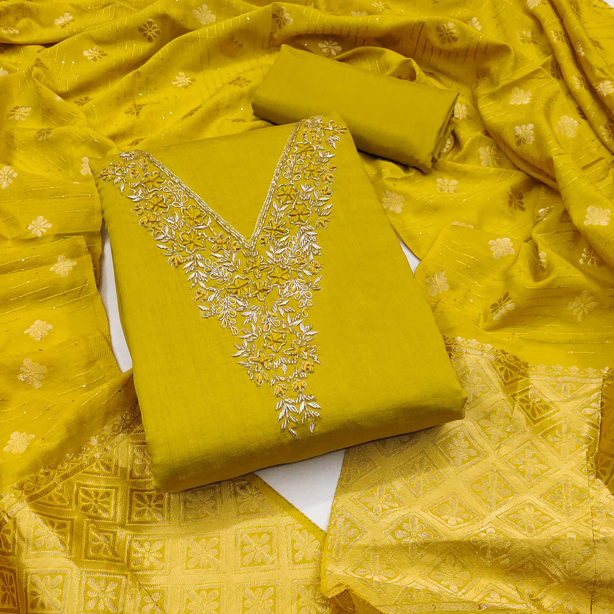 Mustard Beads Embroidered Viscose Dress Material