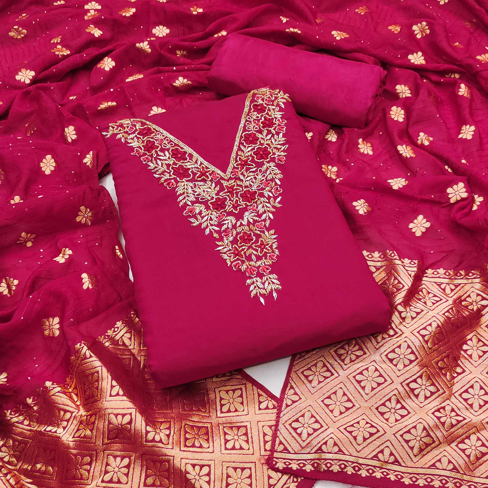 Pink Beads Embroidered Viscose Dress Material