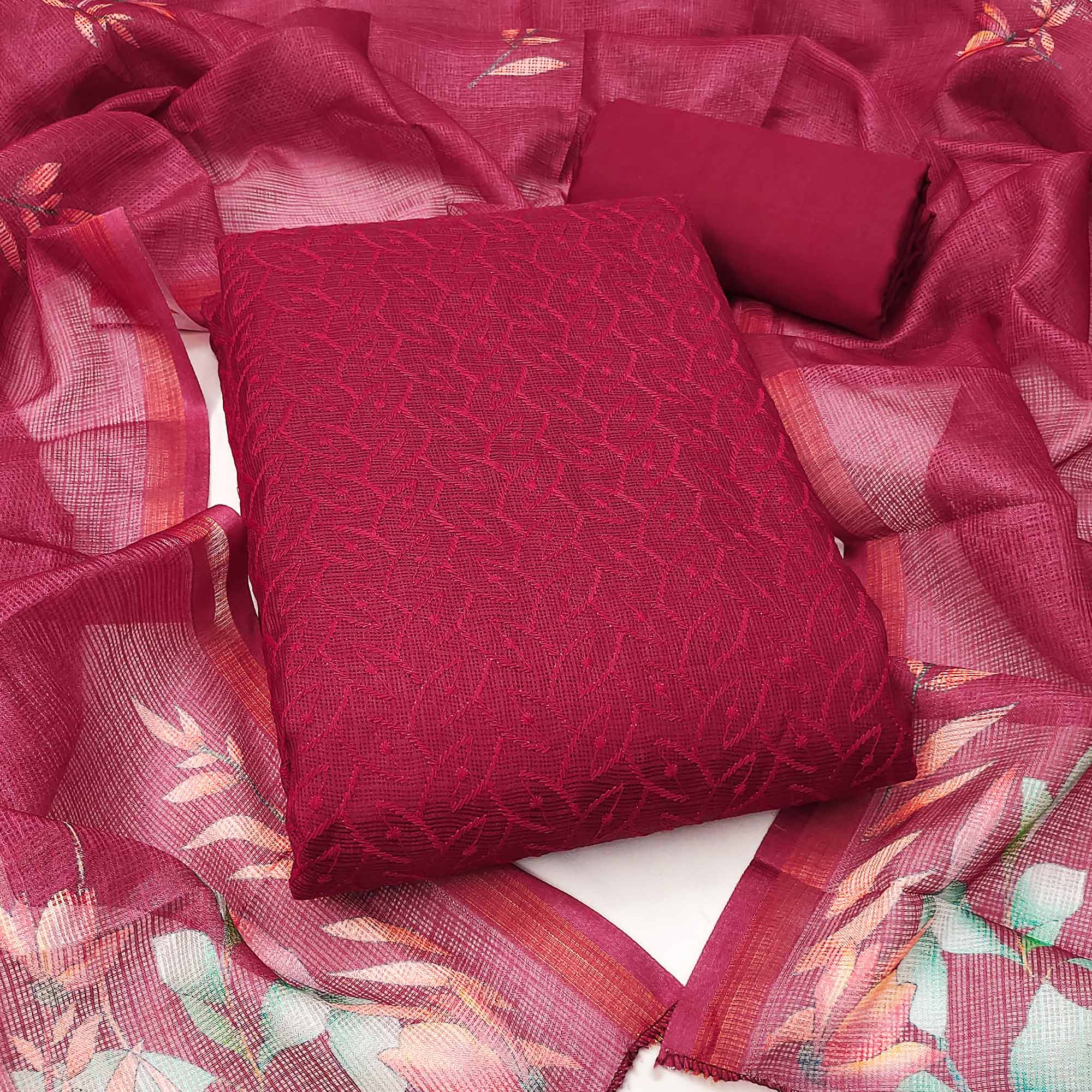 Dark Pink Embroidered Kota Doria Dress Material