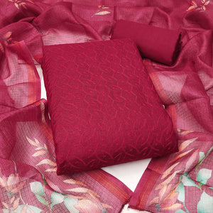 Dark Pink Embroidered Kota Doria Dress Material