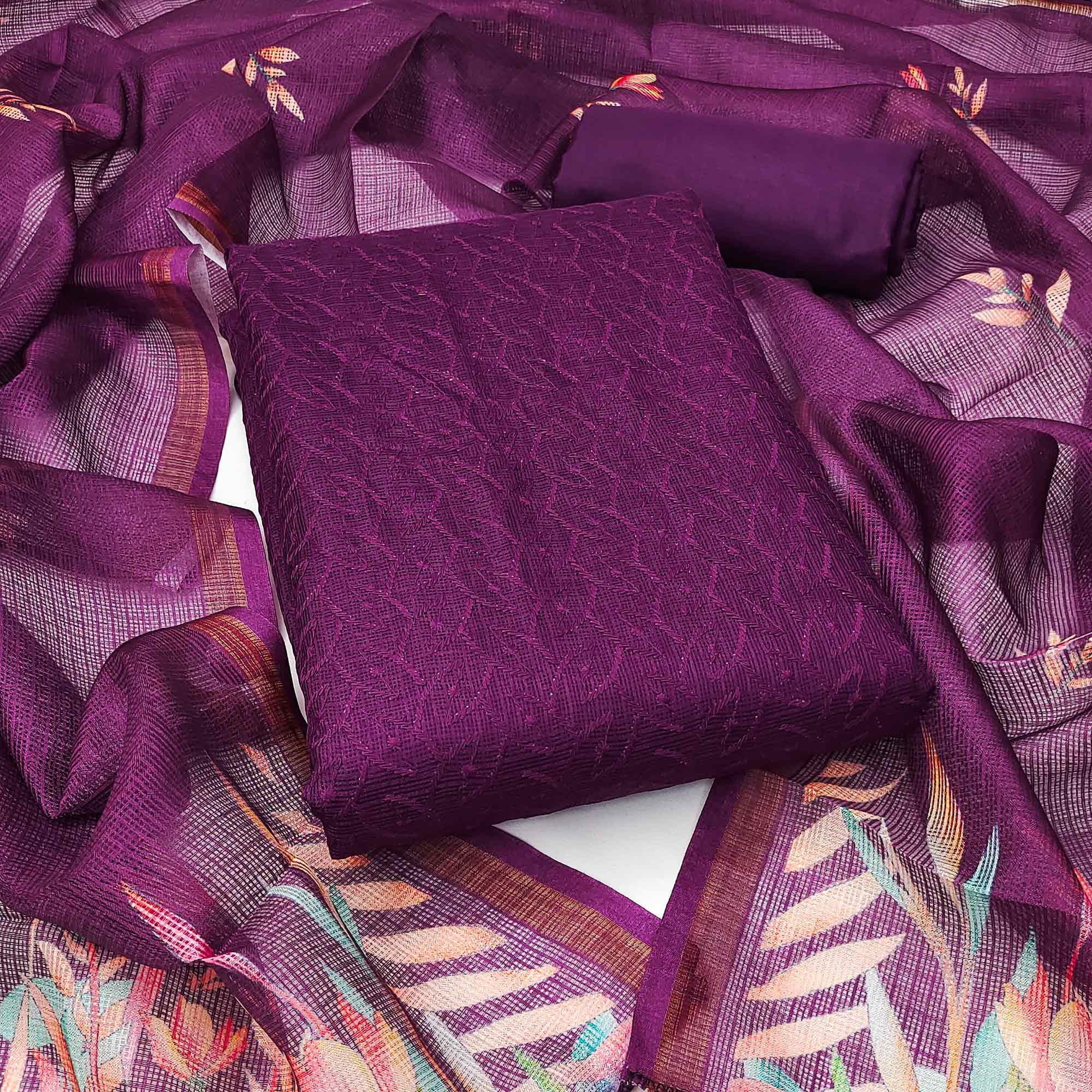 Dark Purple Embroidered Kota Doria Dress Material