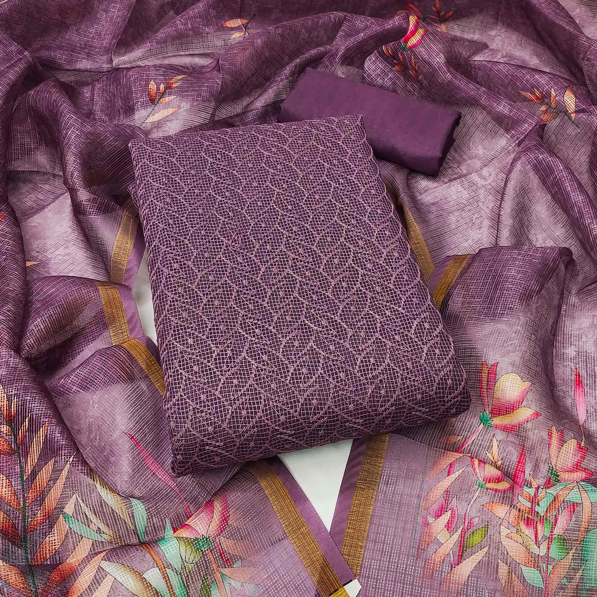 Purple Embroidered Kota Doria Dress Material