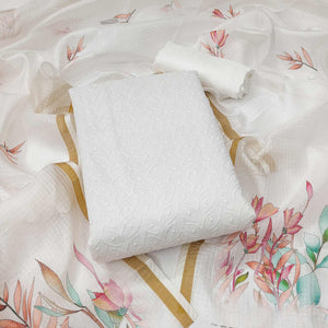 White Embroidered Kota Doria Dress Material