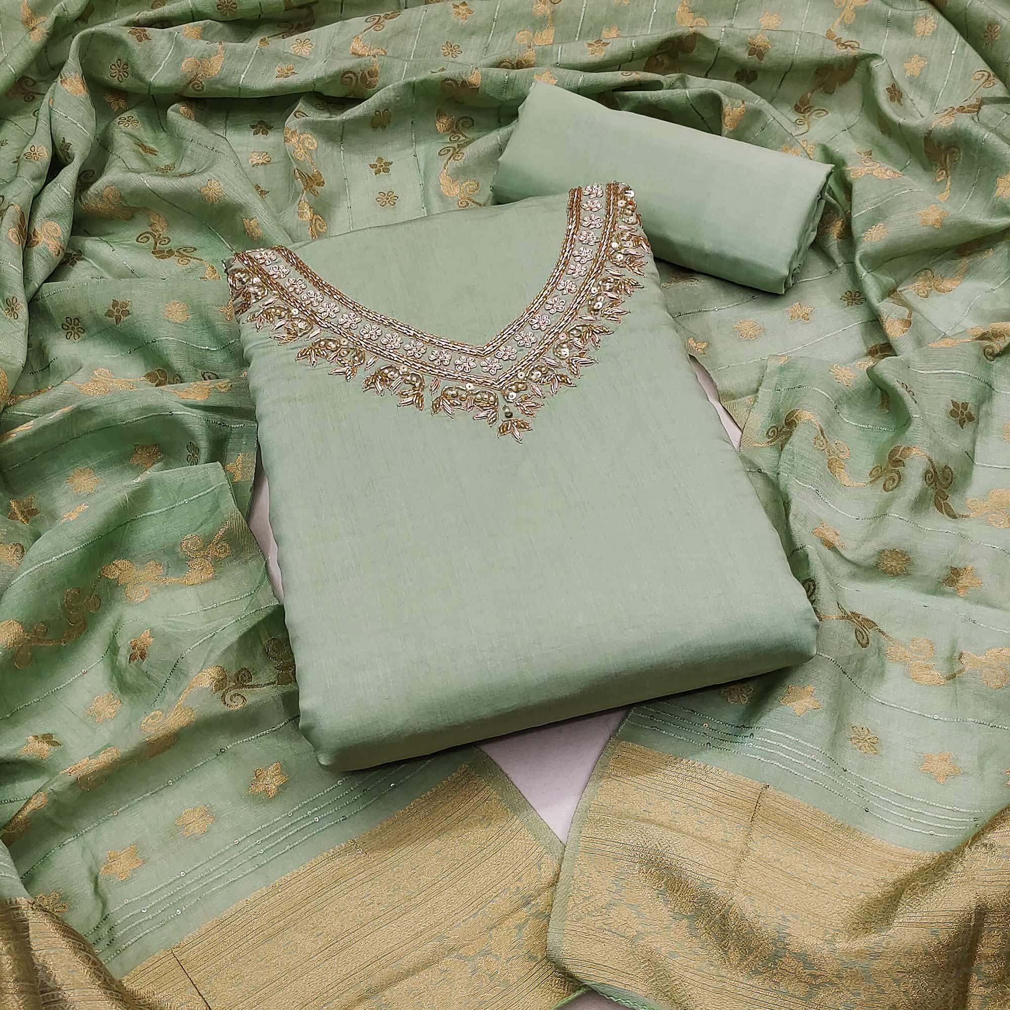 Green Beads Embroidered Viscose Dress Material