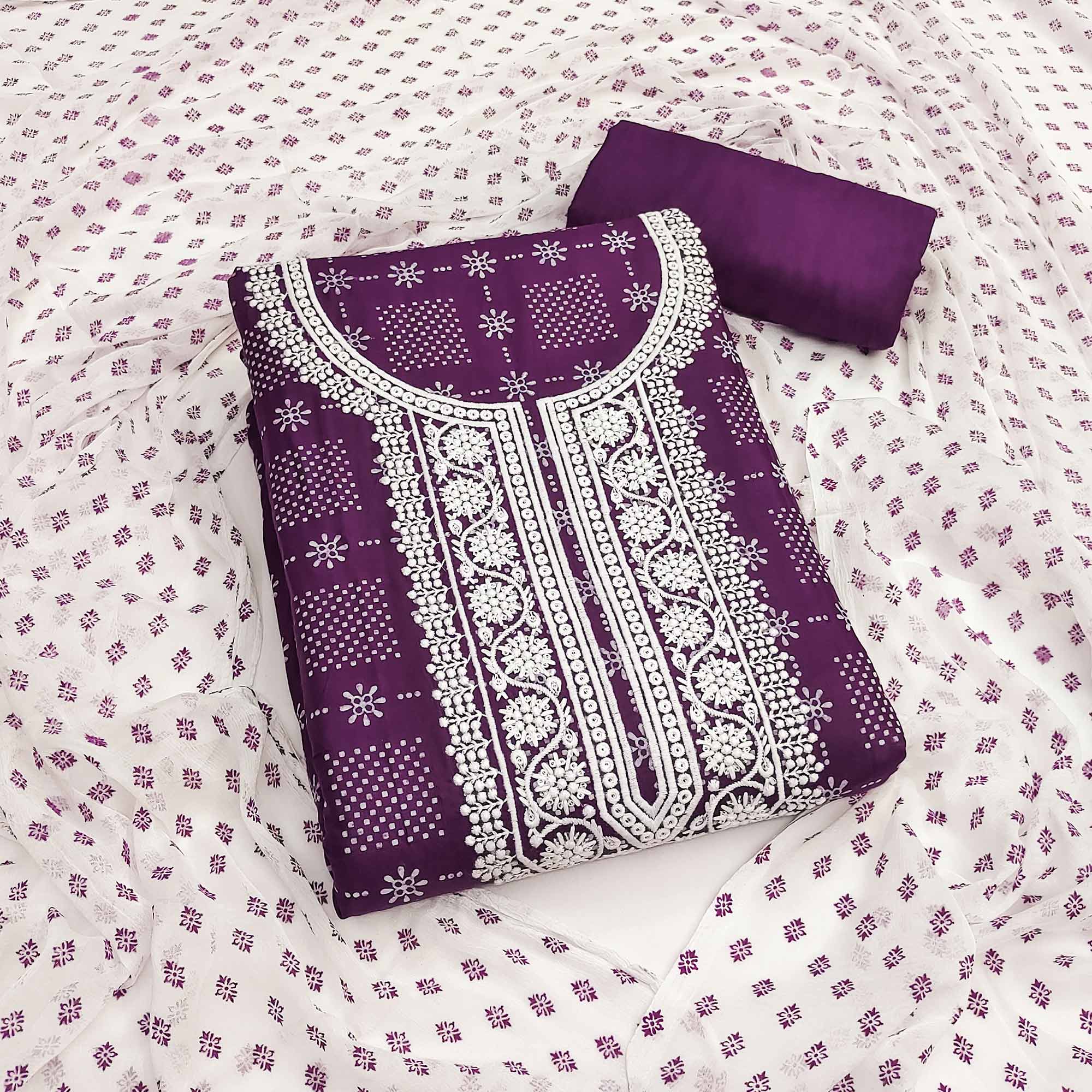 Purple Printed Rayon Dress Material