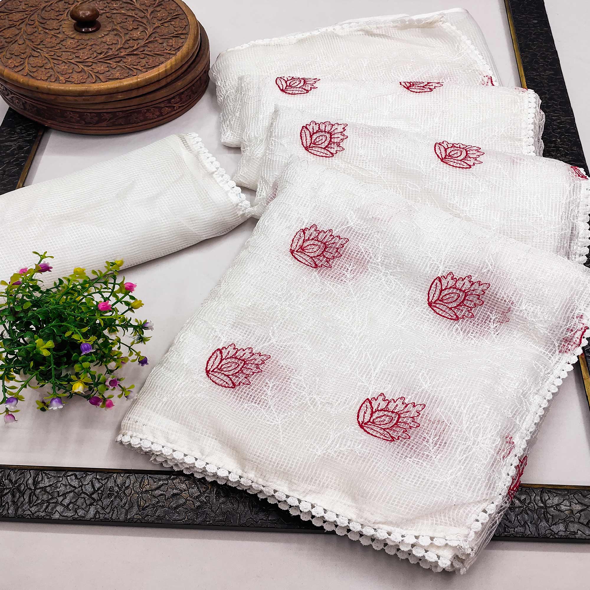 White Floral Embroidered Kota Doria Saree