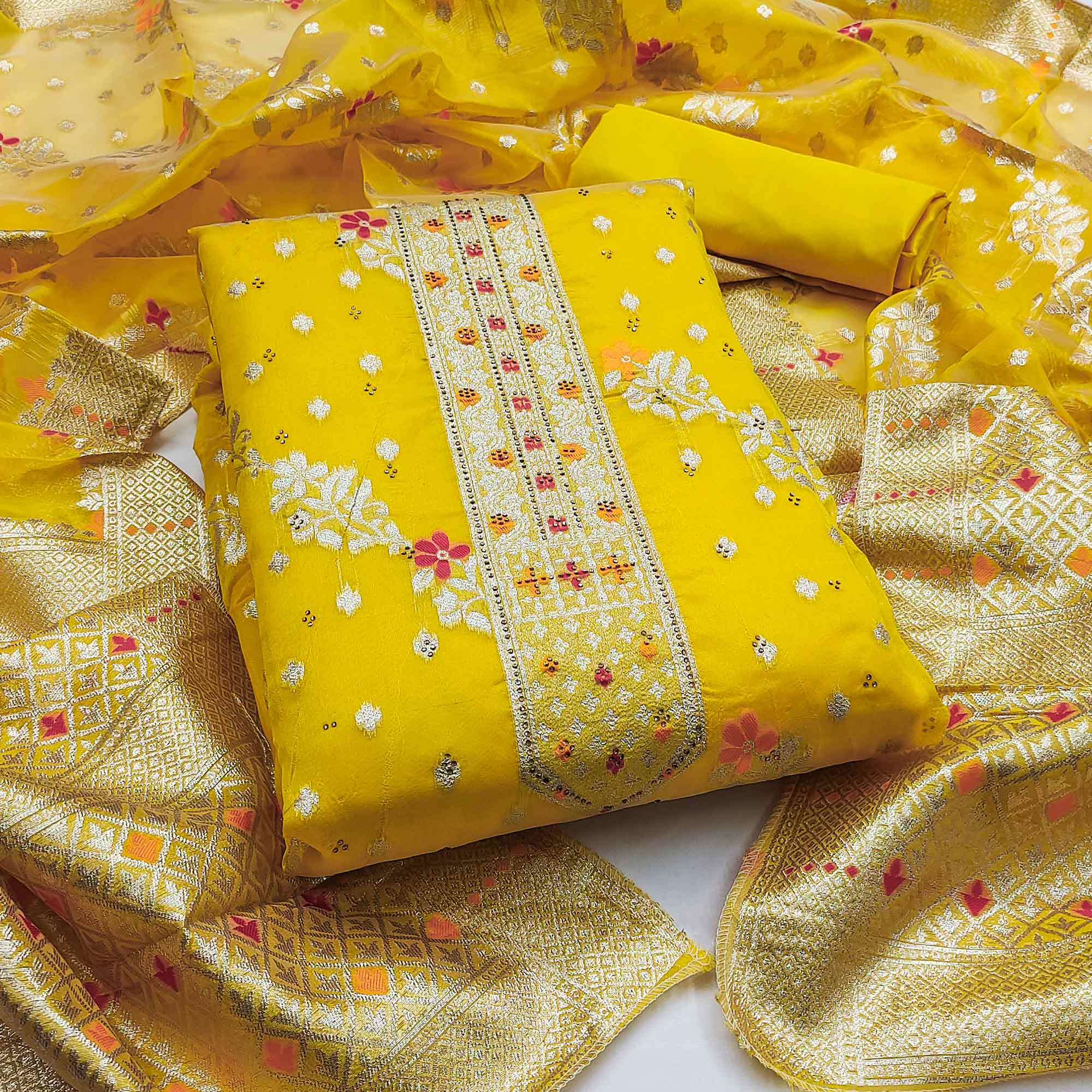 Yellow Zari Woven Banarasi Silk Dress Material