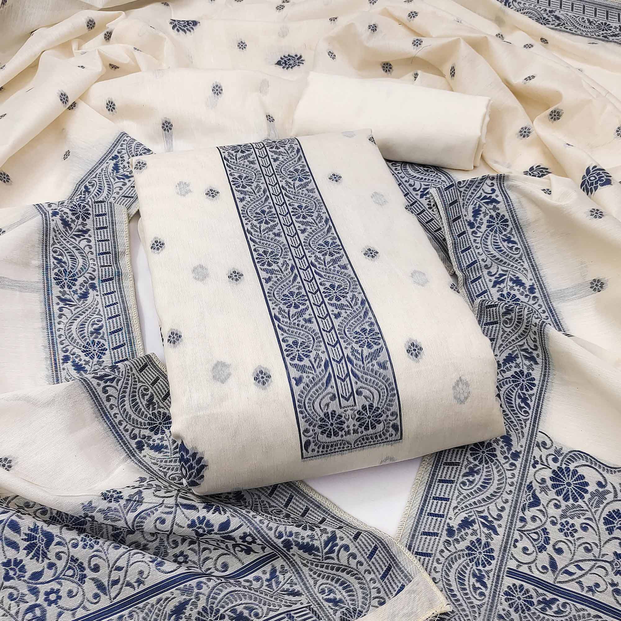 Off White & Navy Blue Woven Pure Cotton Dress Material