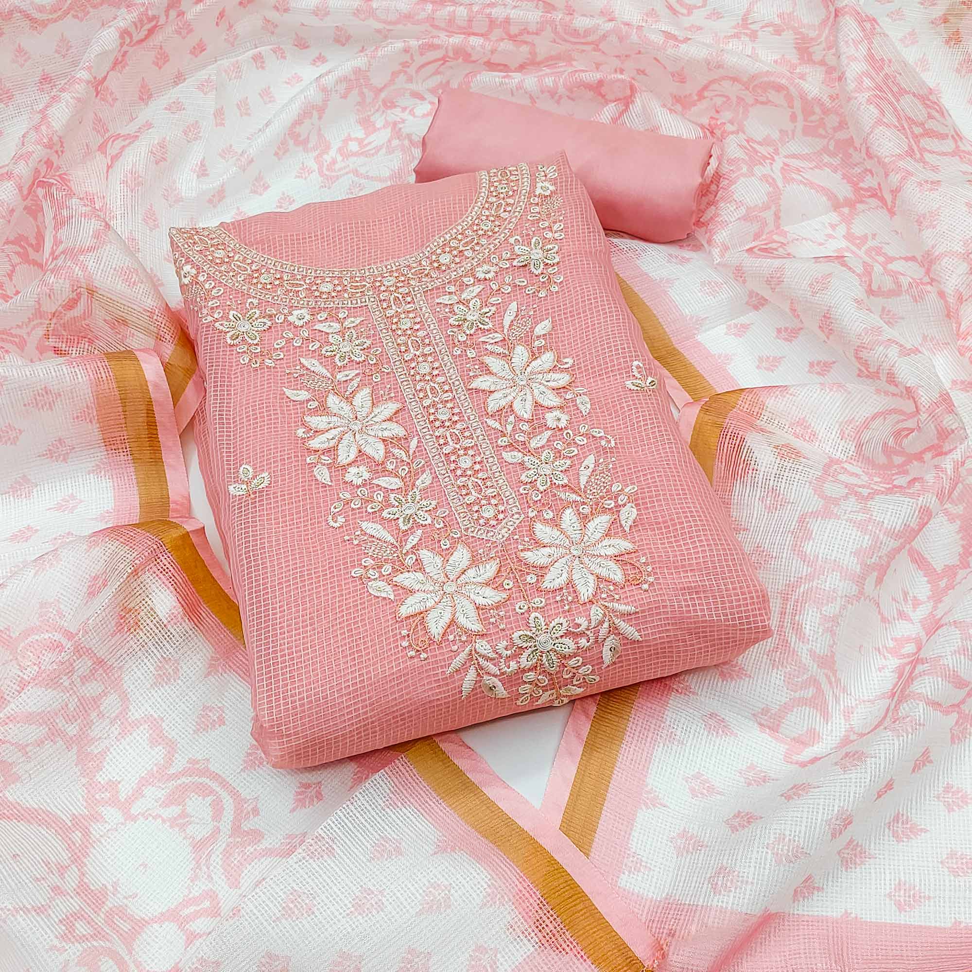 Peach Floral Embroidered Kota Doria Dress Material