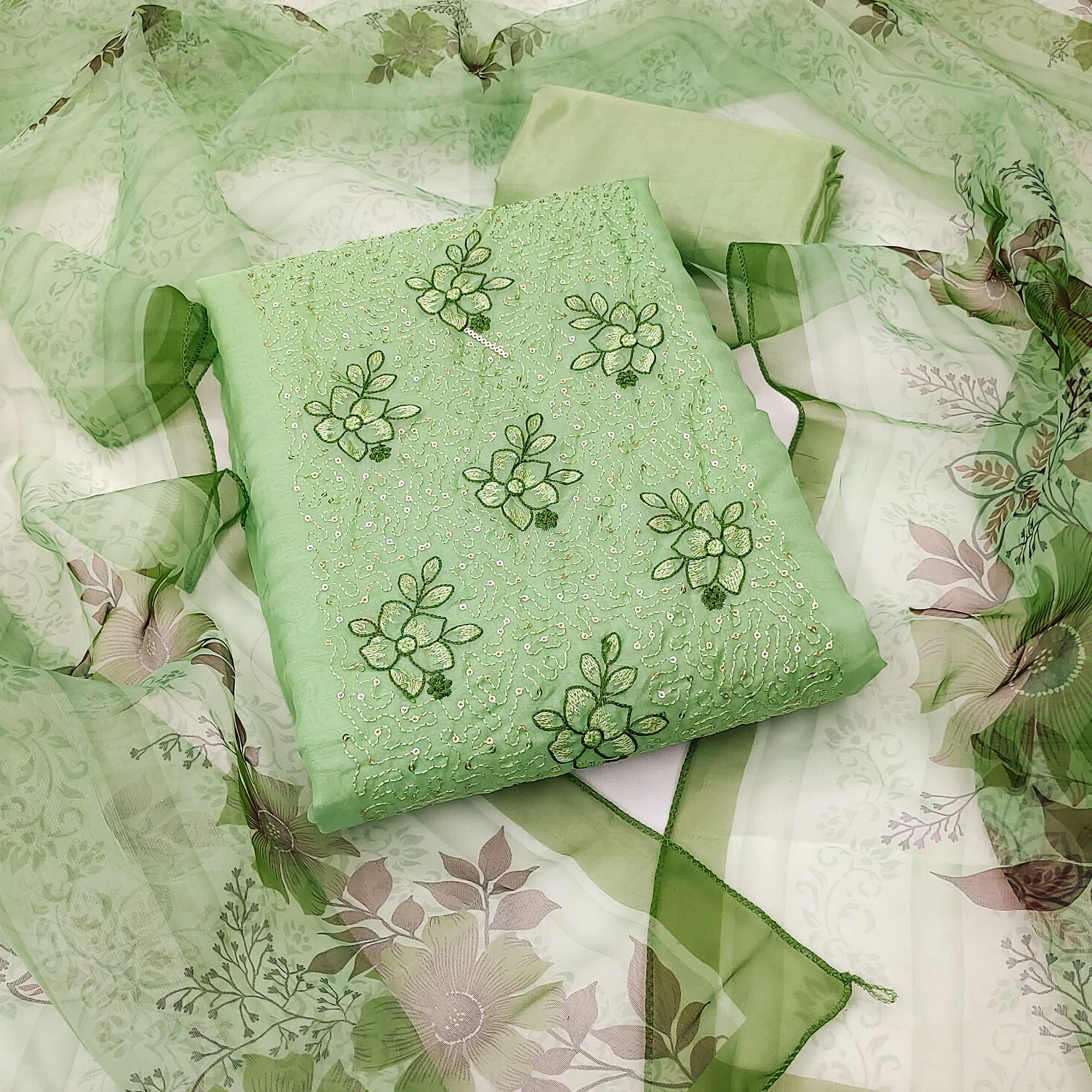 Pista Green Floral Embroidered Organza Dress Material