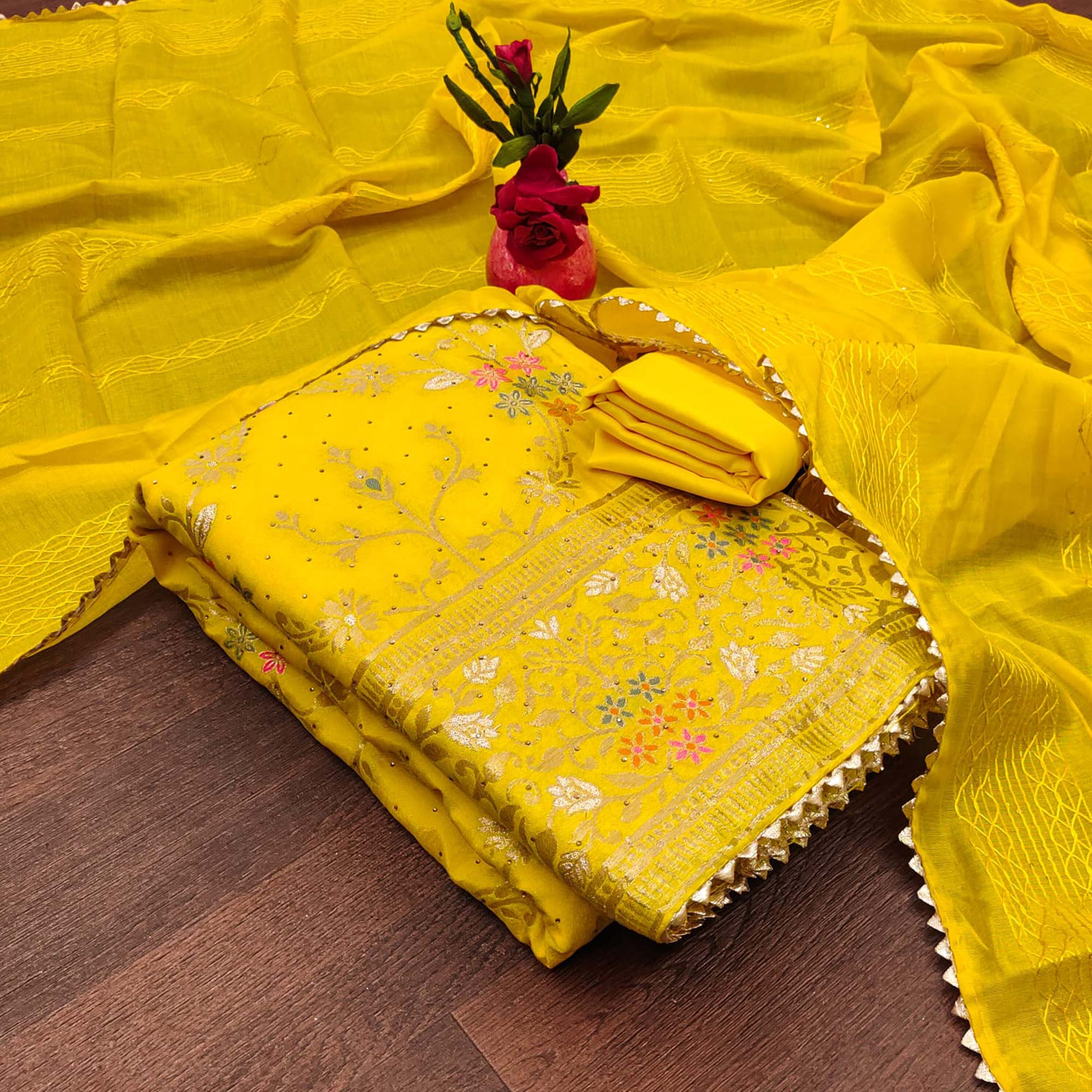 Dark Yellow Floral Zari Weaving Banarasi Silk Dress Material