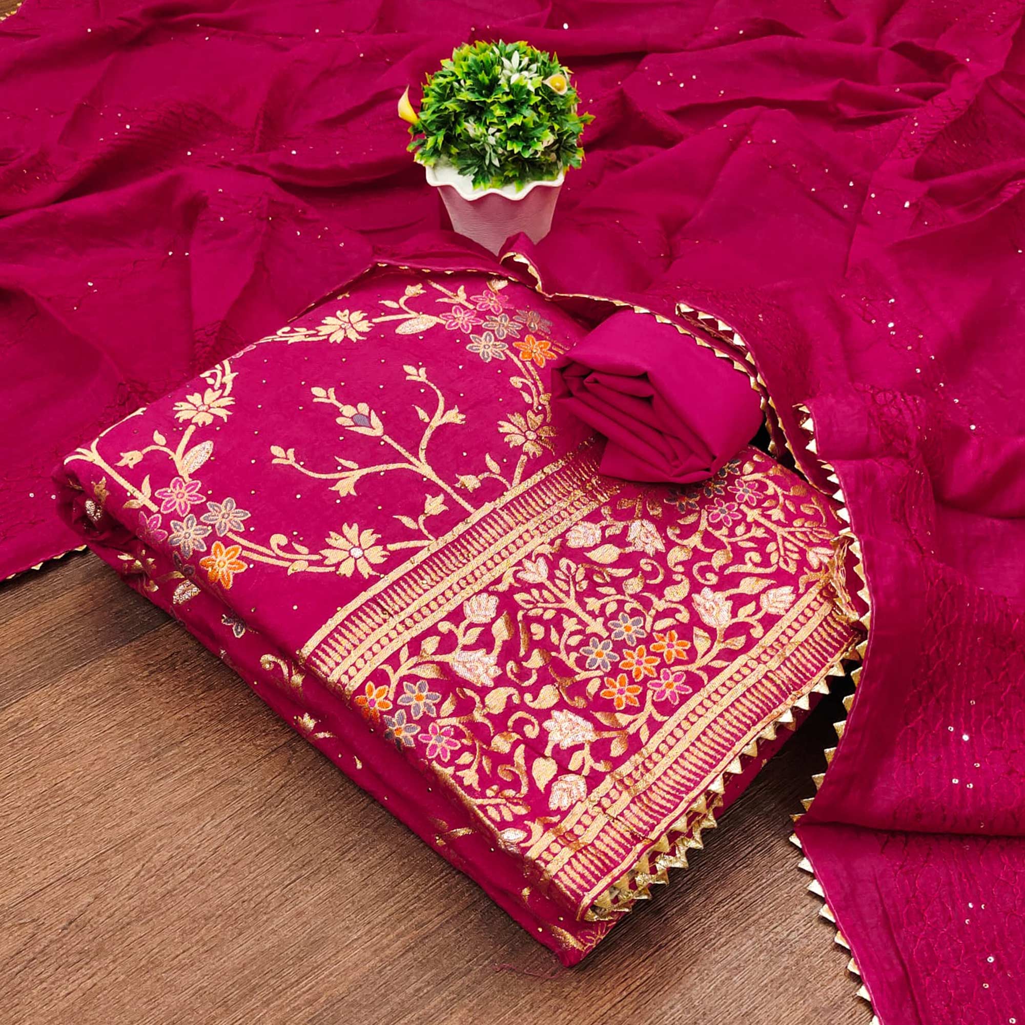 Hot Pink Floral Zari Weaving Banarasi Silk Dress Material