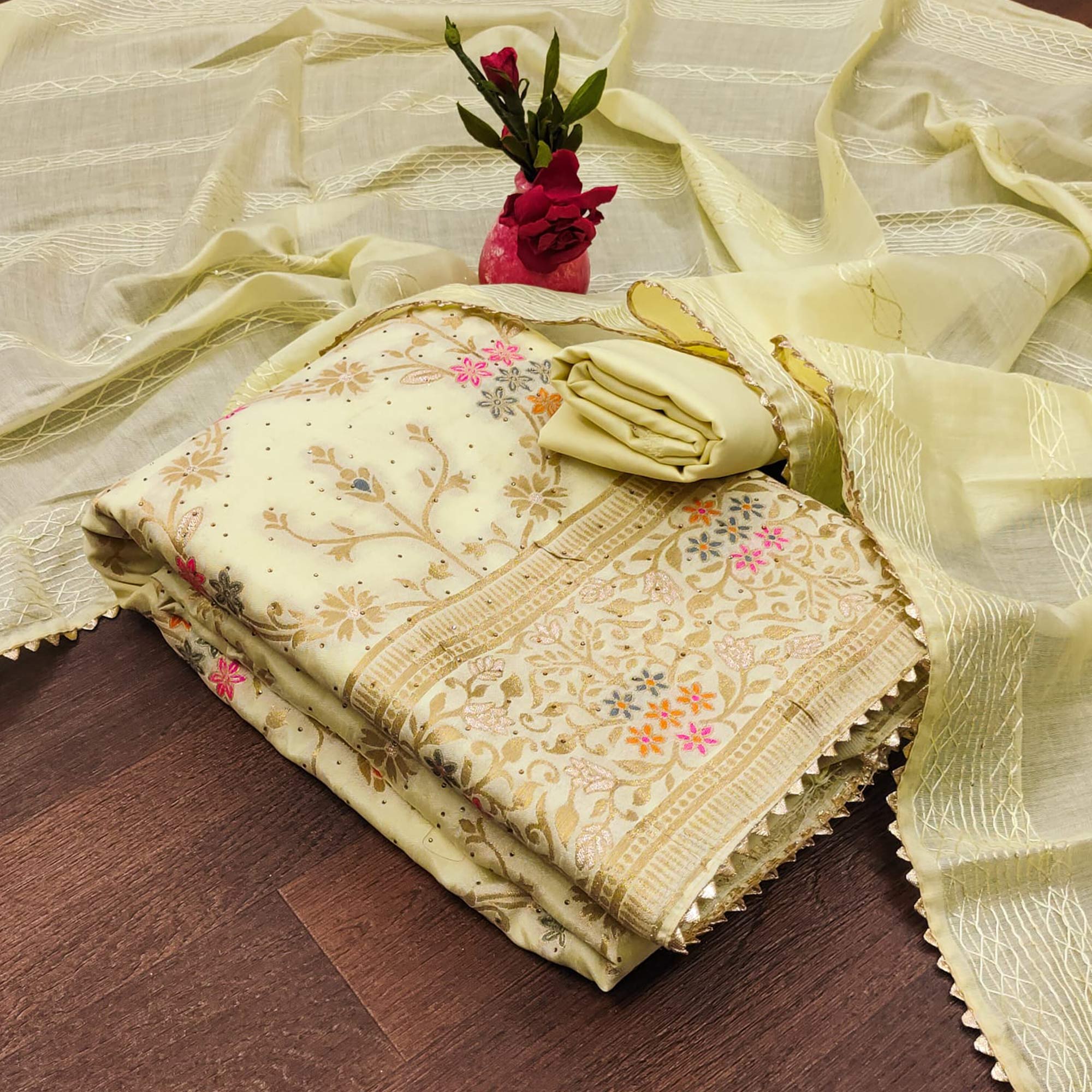 Light Yellow Floral Zari Weaving Banarasi Silk Dress Material