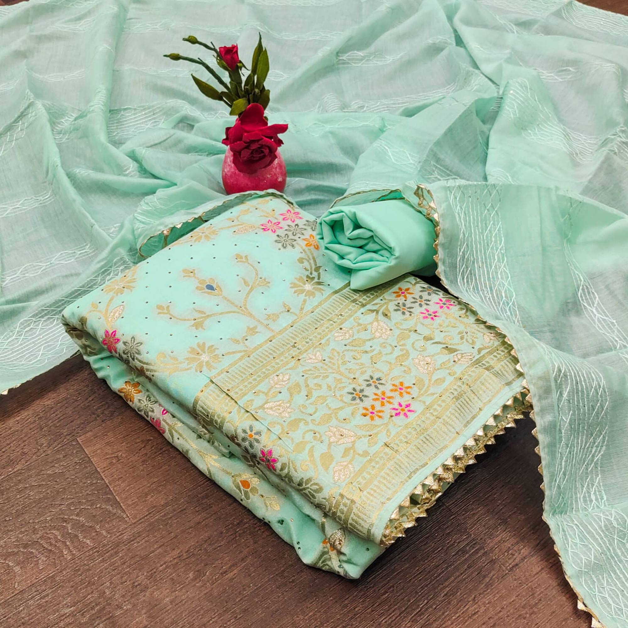 Sea Green Floral Zari Weaving Banarasi Silk Dress Material