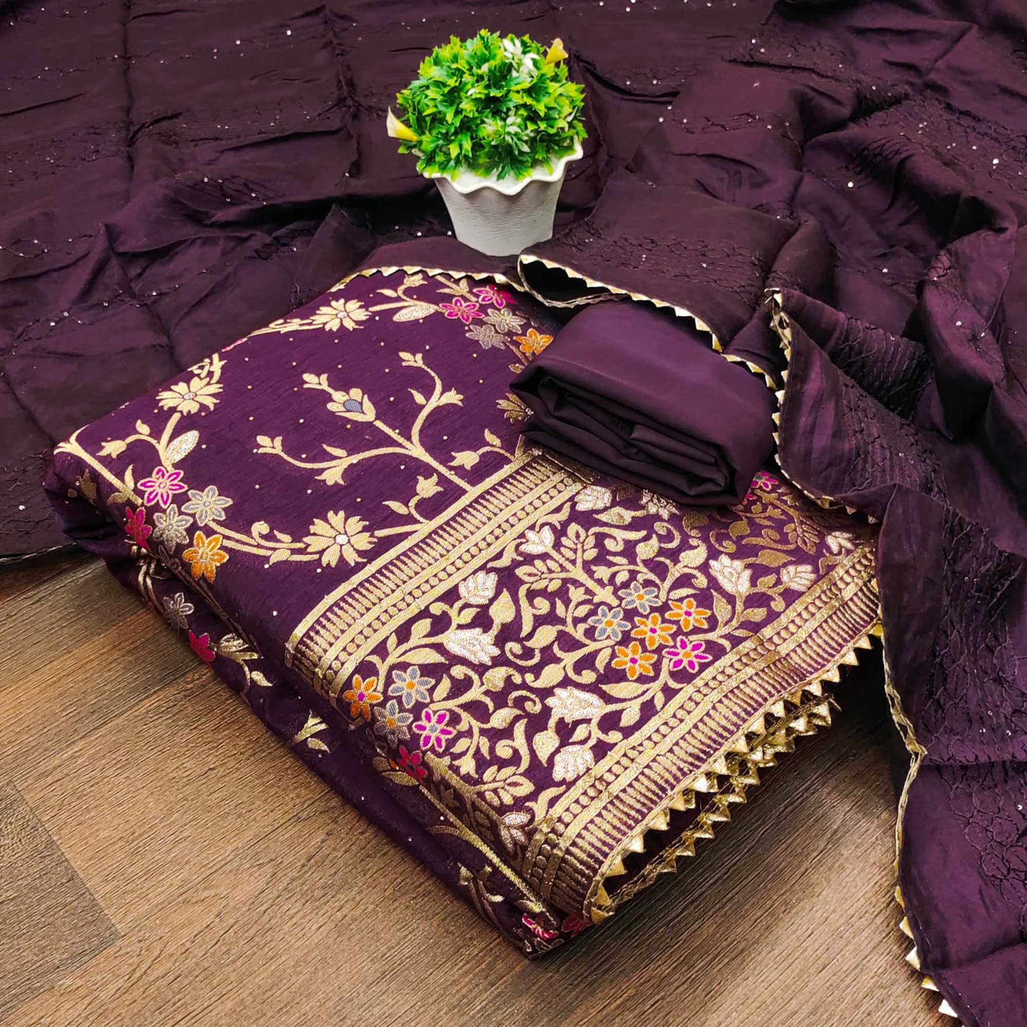 Wine Floral Zari Weaving Banarasi Silk Dress Material