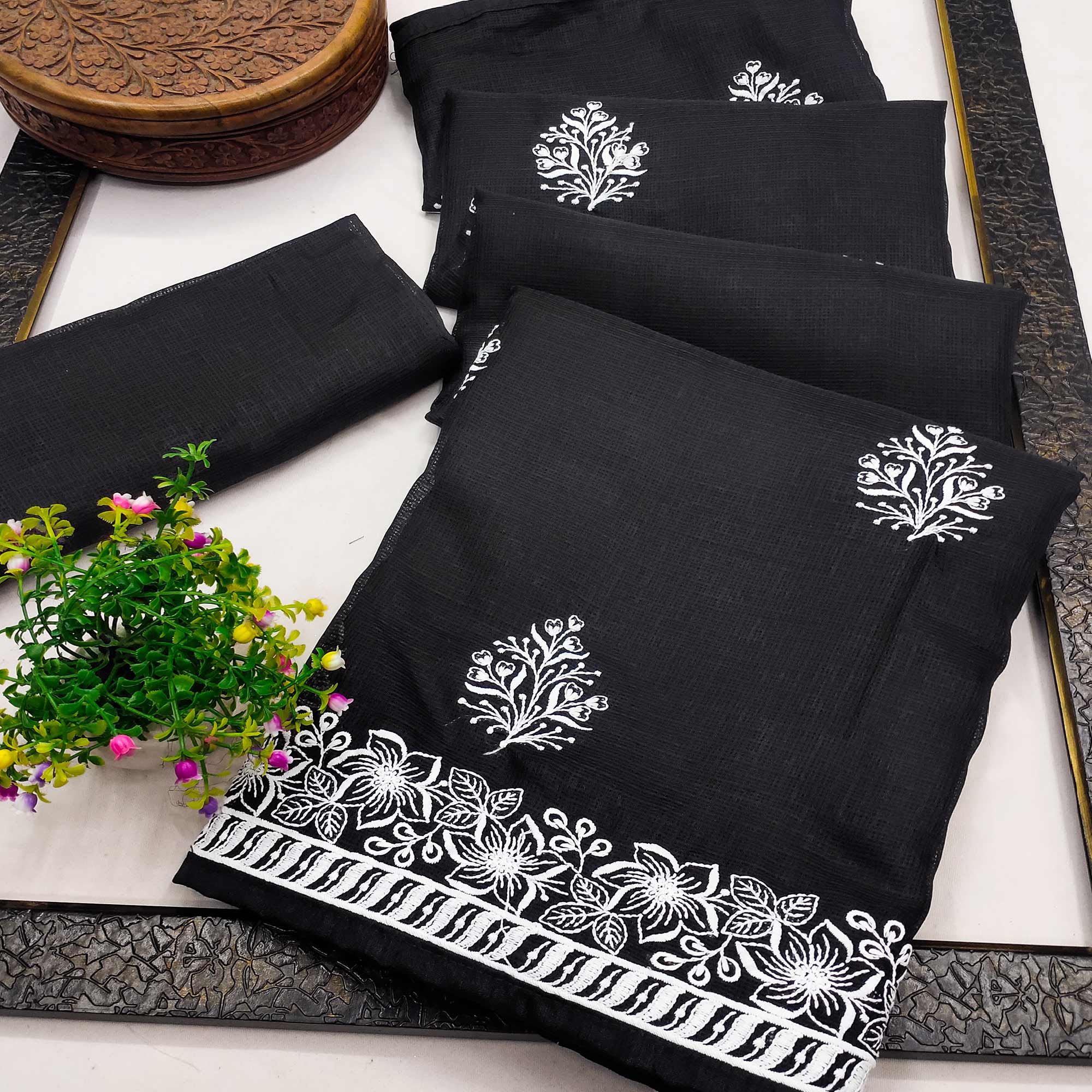 Black Floral Embroidered Kota Doria Saree