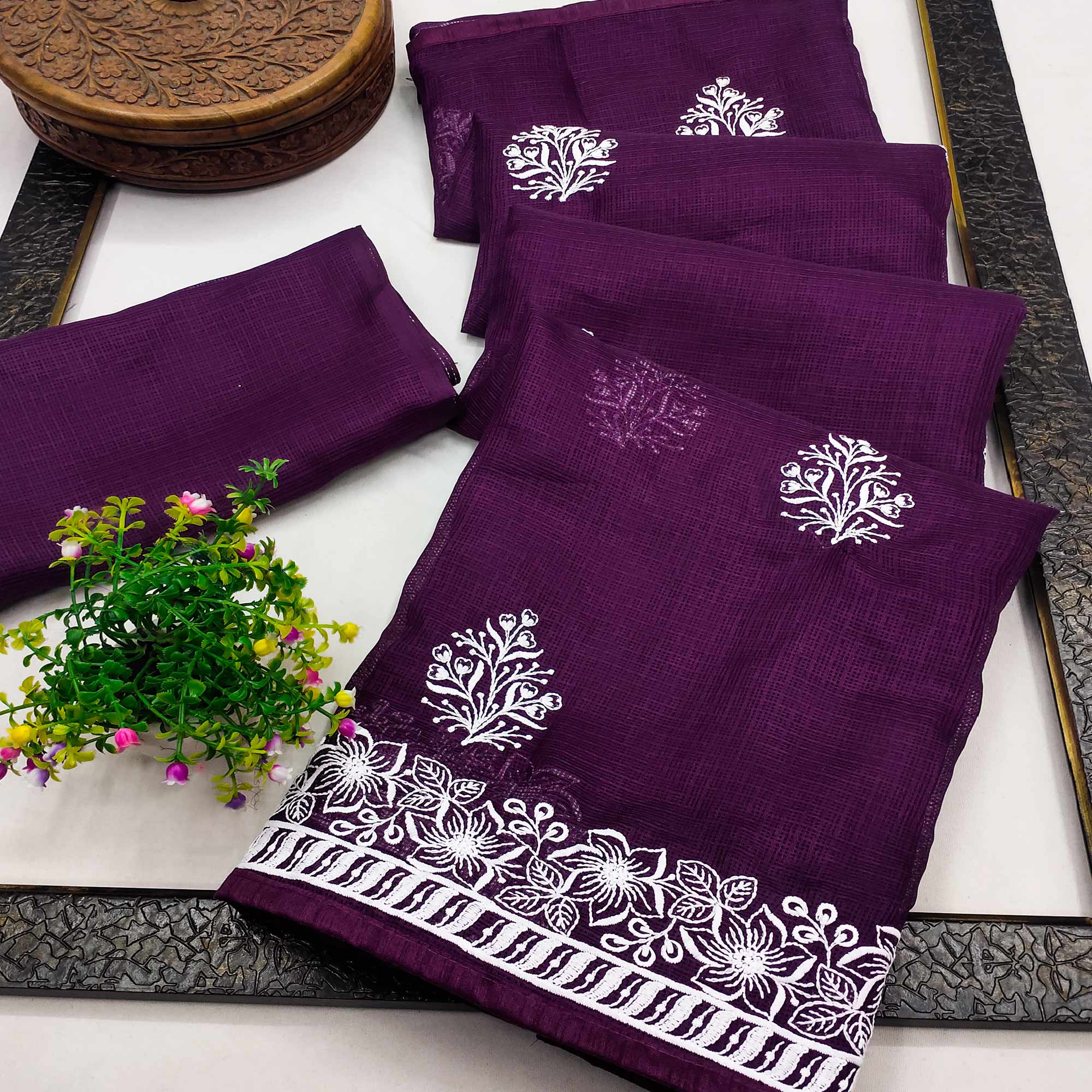 Dark Purple Floral Embroidered Kota Doria Saree