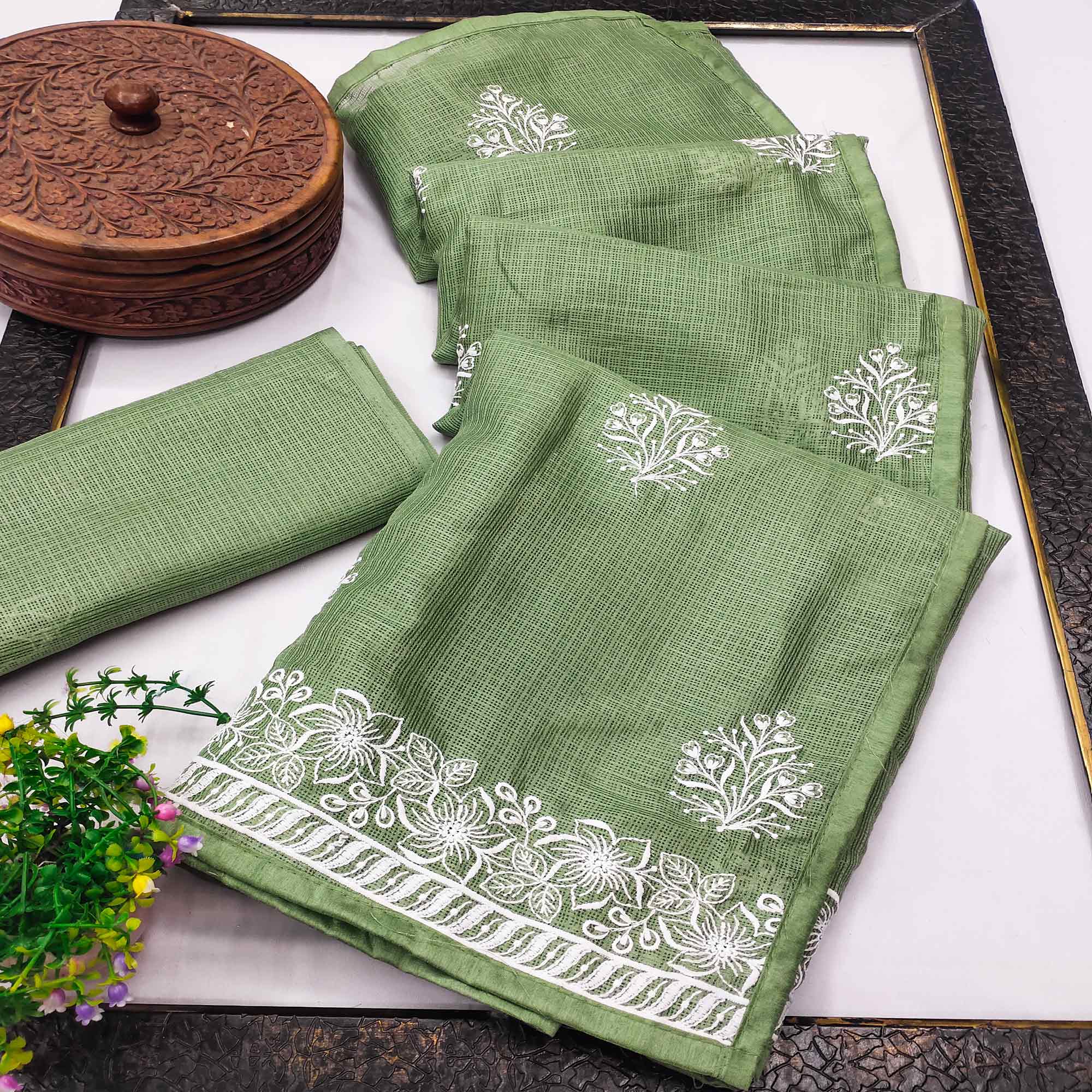 Elegant Ligth Green Kota Doria Saree with Intricate Floral Embroidery Detailing