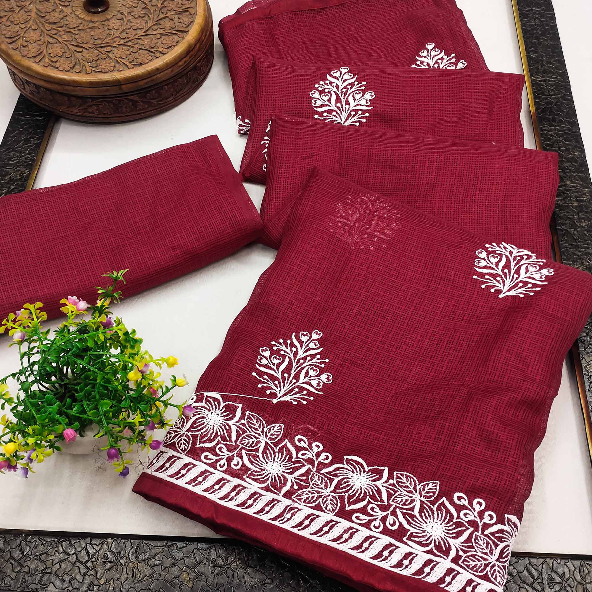 Maroon Floral Embroidered Kota Doria Saree