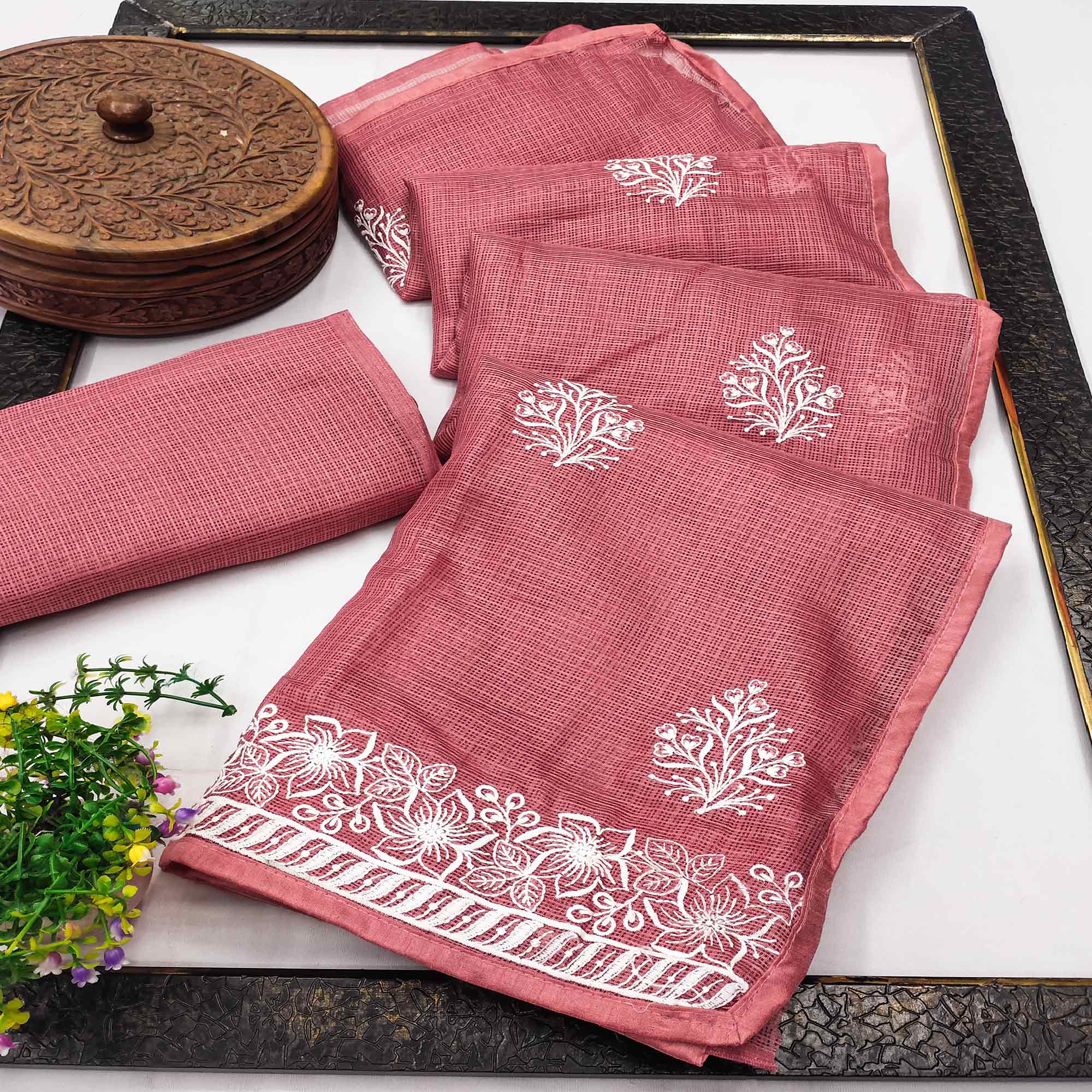 Elegant Peach Kota Doria Saree with Intricate Floral Embroidery Detailing