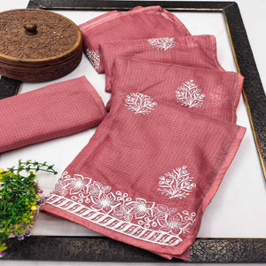 Elegant Peach Kota Doria Saree with Intricate Floral Embroidery Detailing