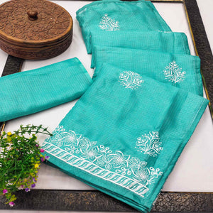 Elegant Turquoise Kota Doria Saree with Intricate Floral Embroidery Detailing