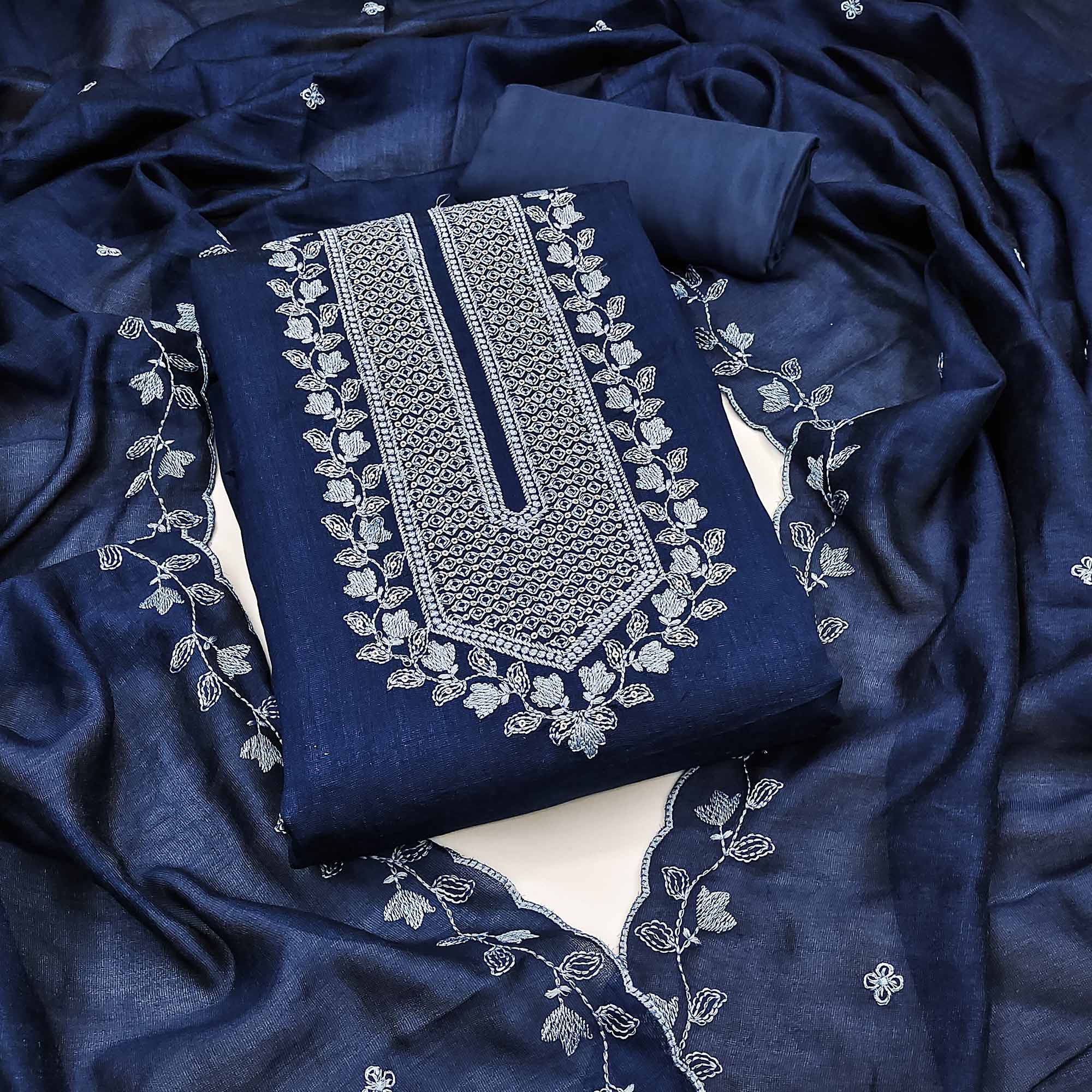 Blue Embroidered Vichitra Silk Dress Material