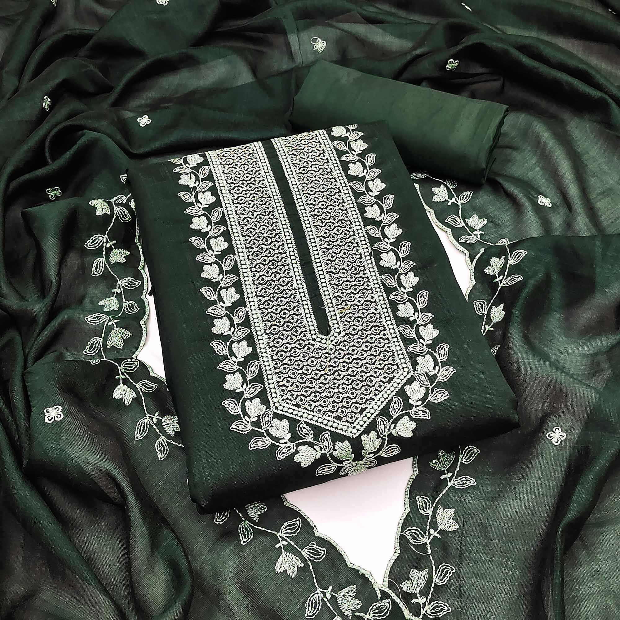 Green Embroidered Vichitra Silk Dress Material