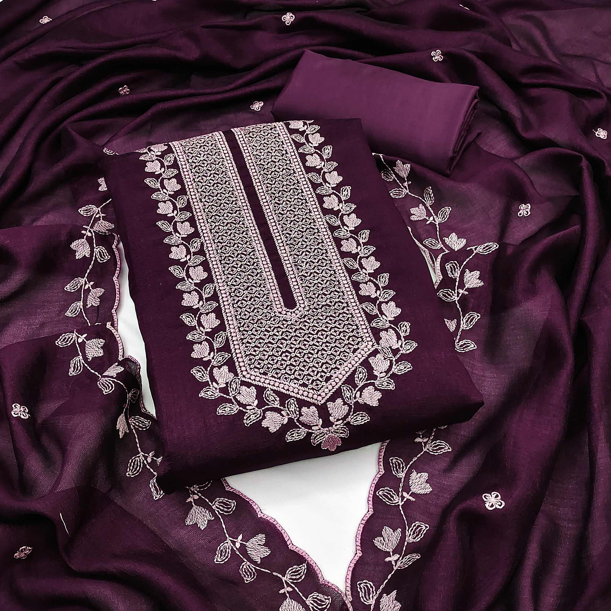 Purple Embroidered Vichitra Silk Dress Material