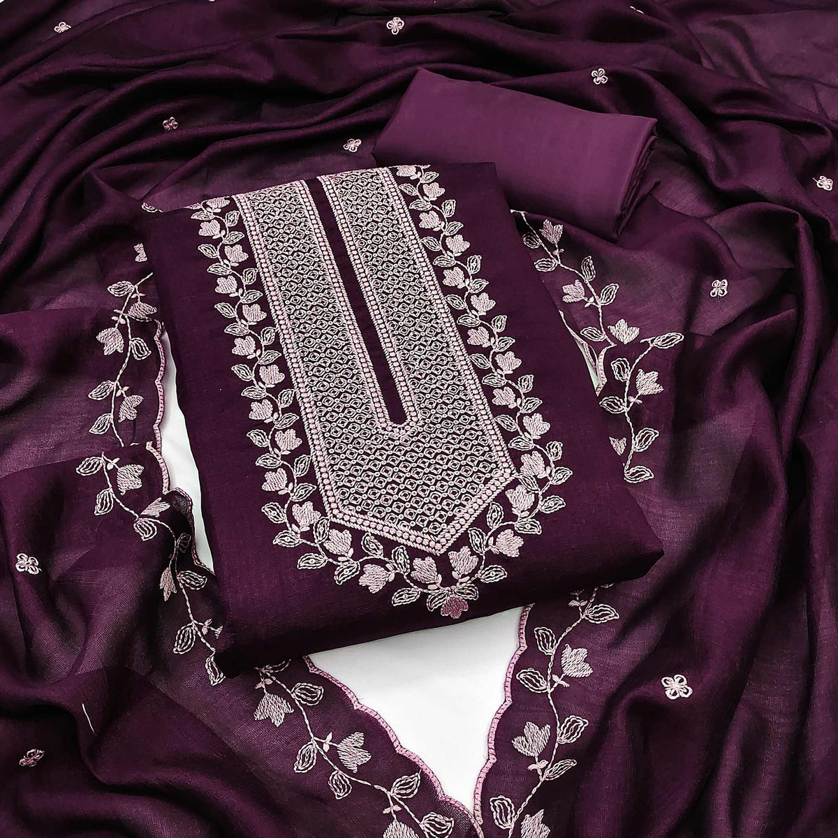 Purple Embroidered Vichitra Silk Dress Material Purple Embroidered Vichitra Silk Dress Material