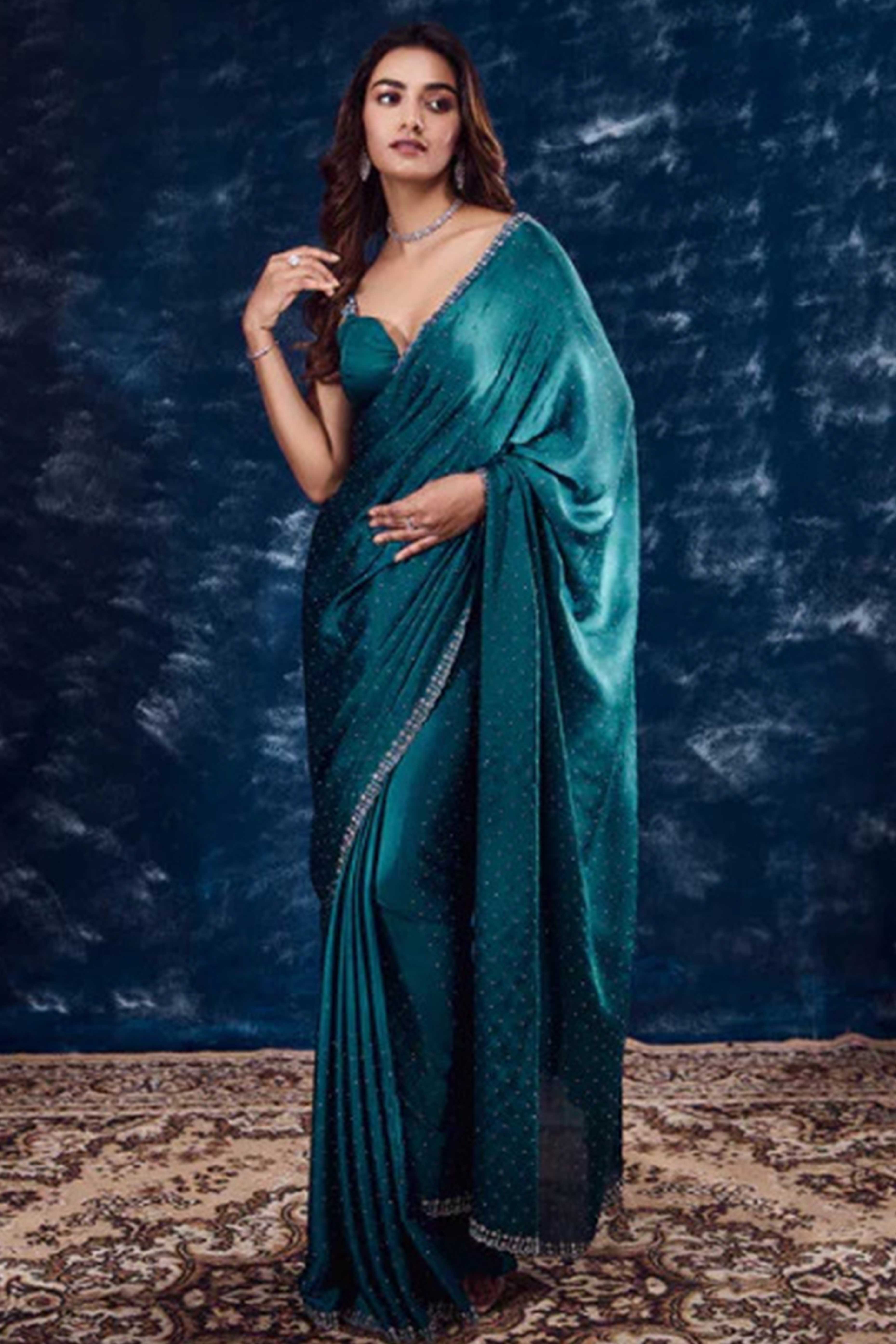 Teal Swarovski Work Embellished Satin Saree