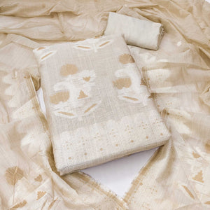 Cream Floral Woven Banarasi Silk Dress Material