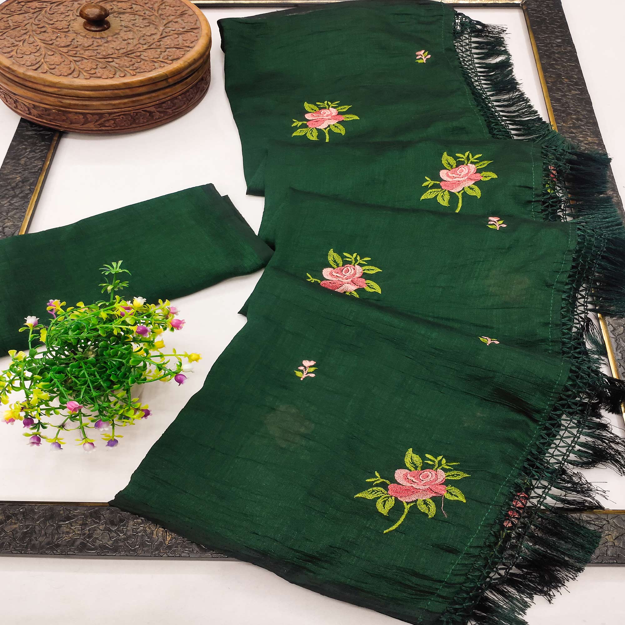 Green Floral Embroidered Vichitra Silk Saree With Tassels