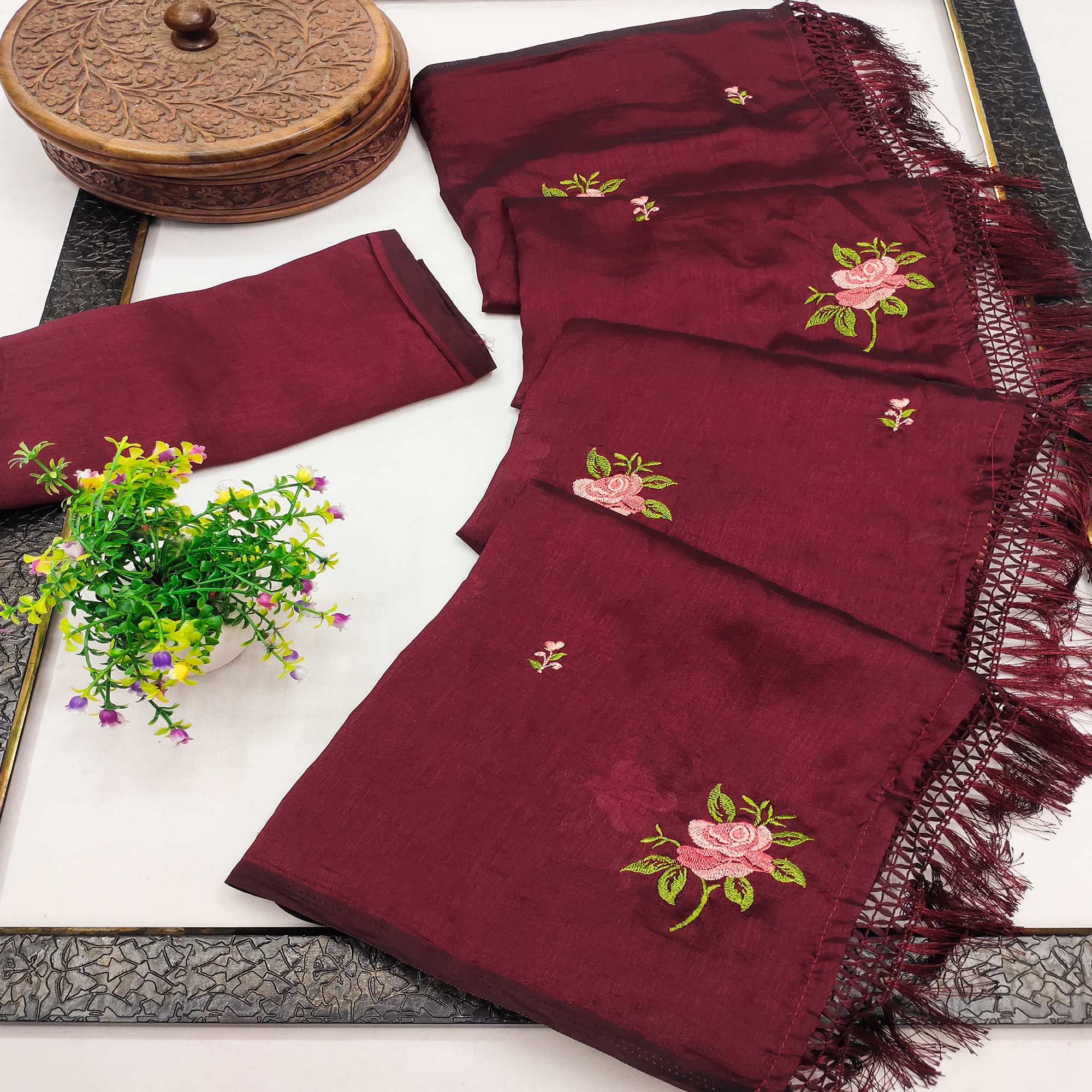 Maroon Floral Embroidered Vichitra Silk Saree With Tassels