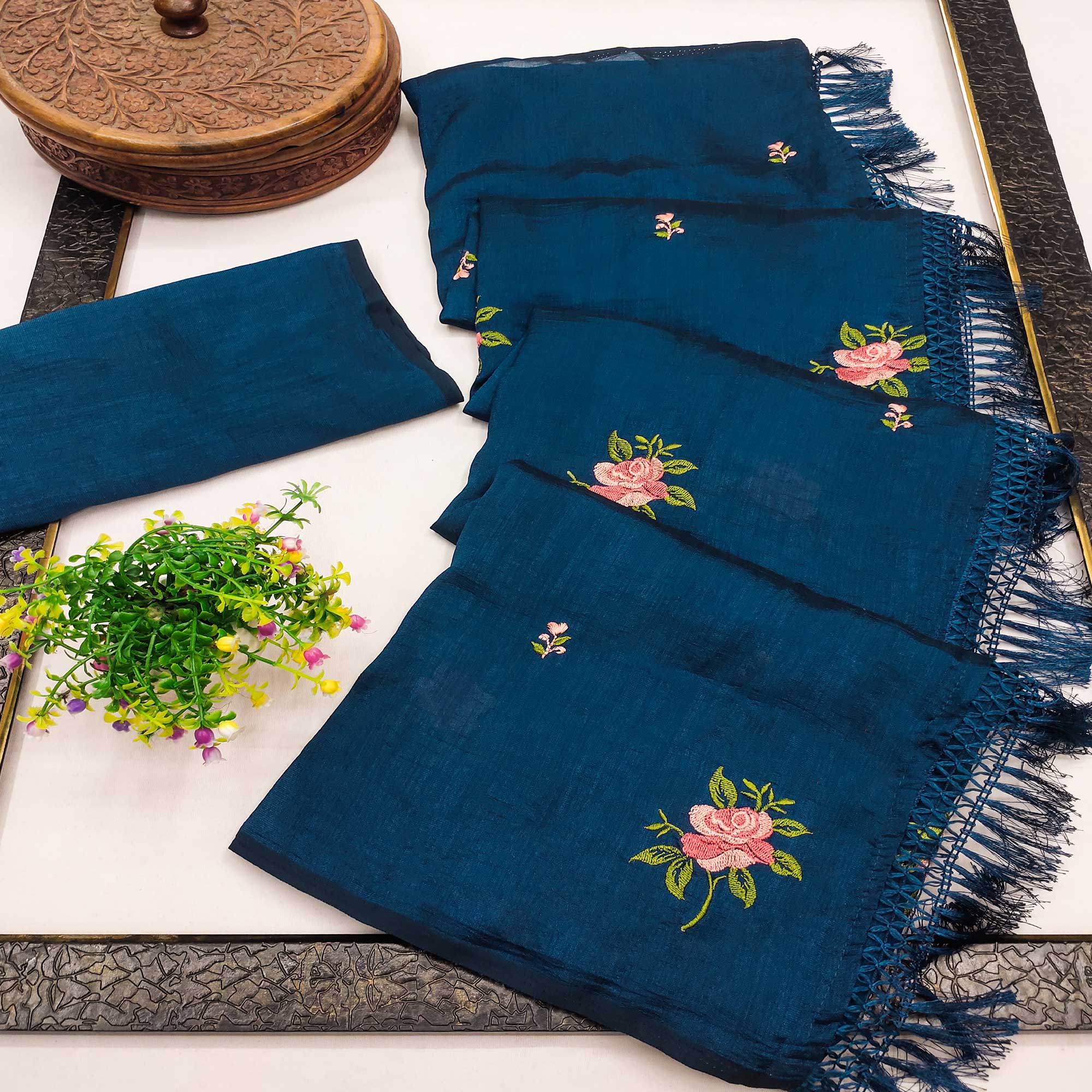 Morpich Blue Floral Embroidered Vichitra Silk Saree With Tassels