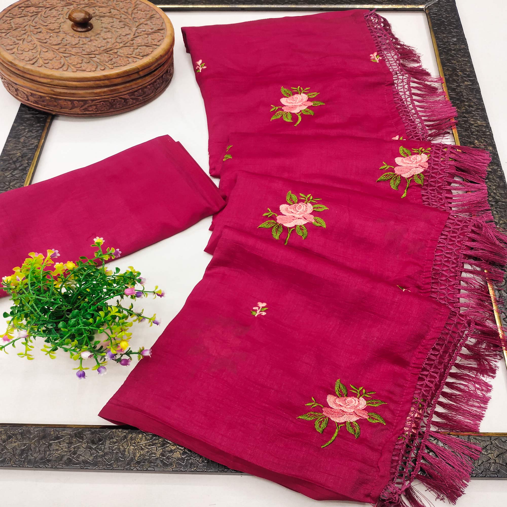 Pink Floral Embroidered Vichitra Silk Saree  With Tassels