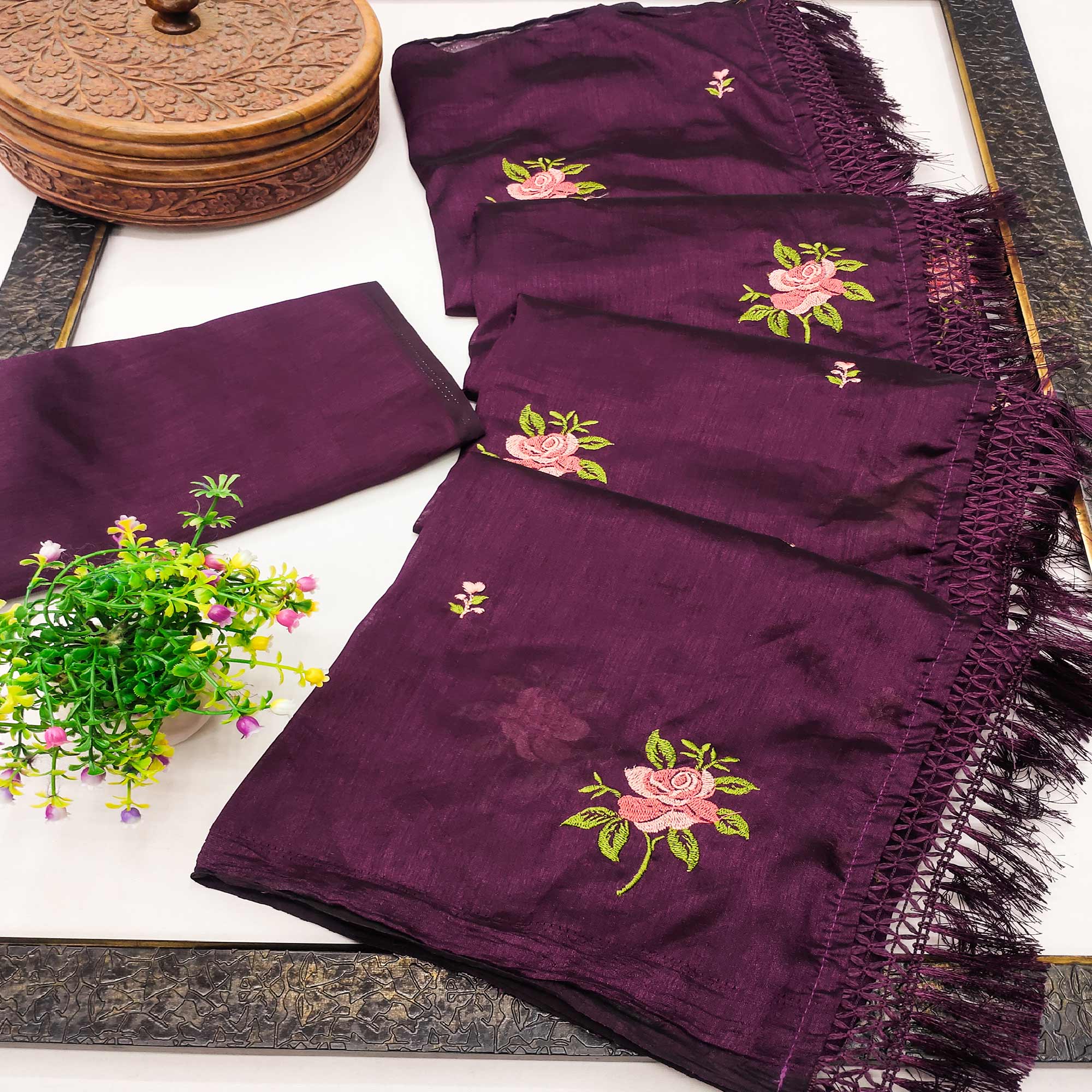 Purple Floral Embroidered Vichitra Silk Saree With Tassels