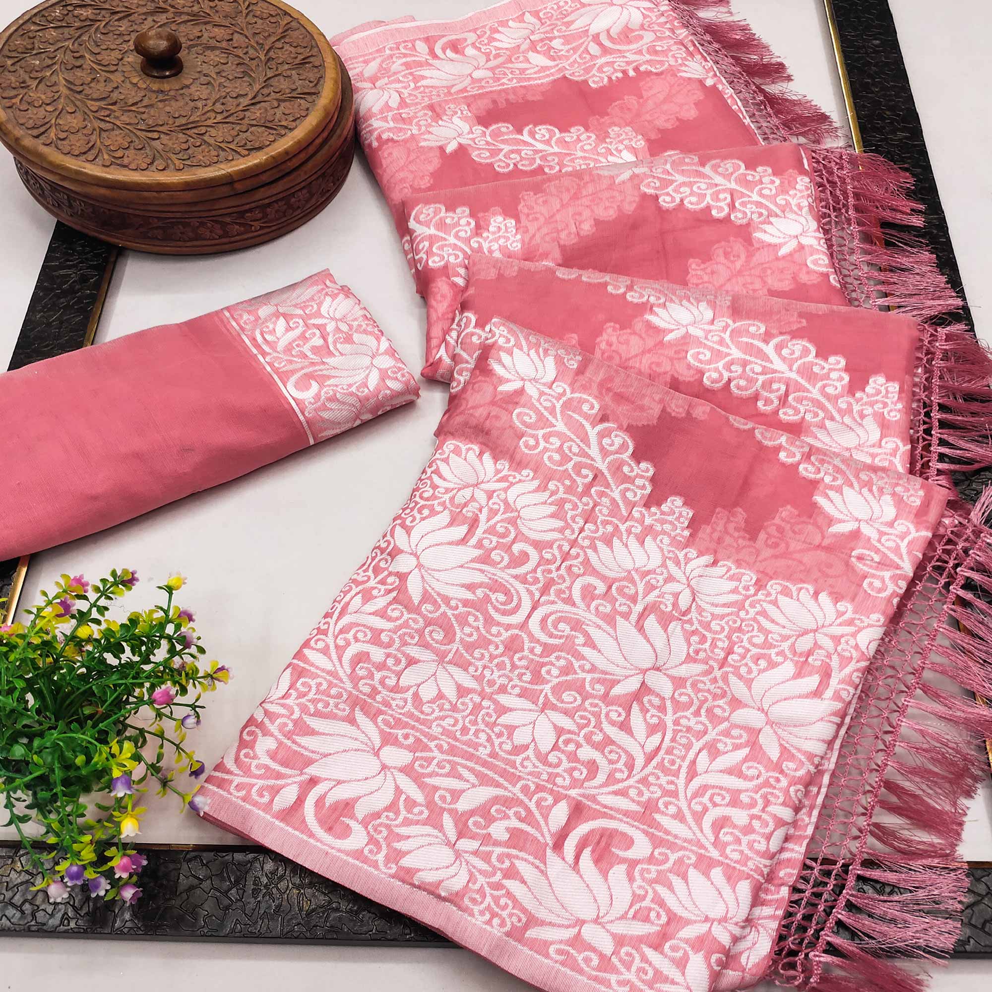 Gajari Pink Floral Woven Banarasi Silk Saree With Tassels