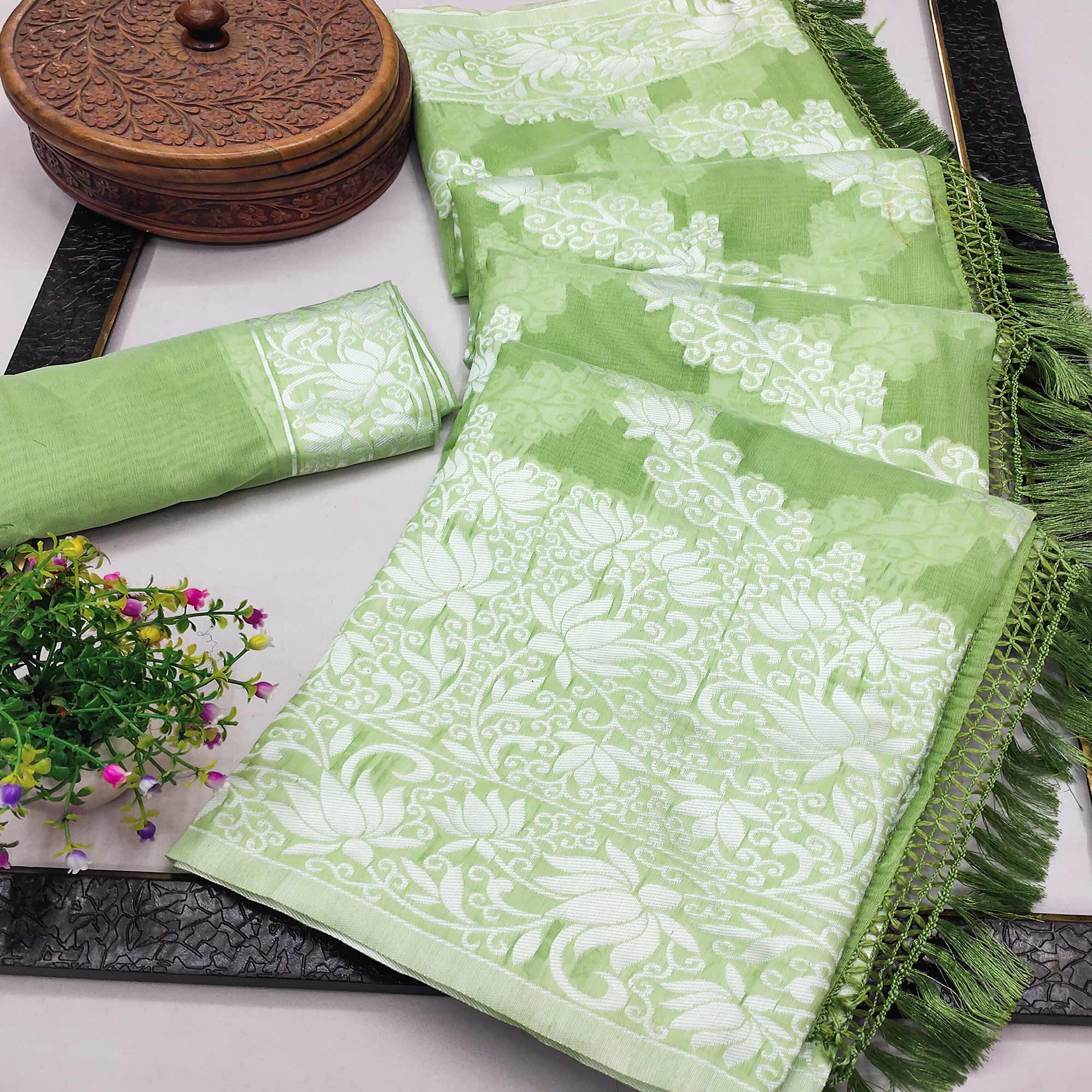 Green Floral Woven Banarasi Silk Saree With Tassels