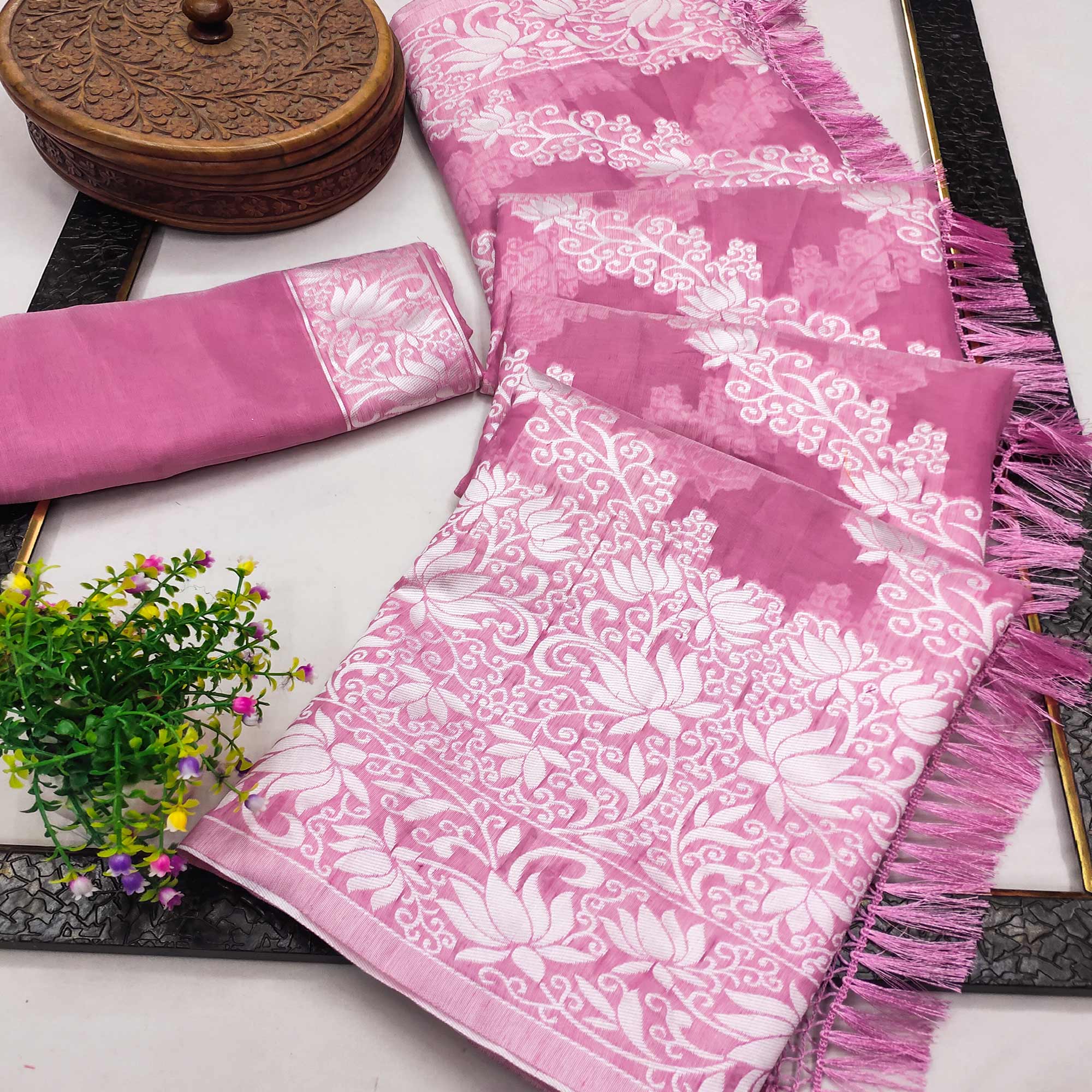 Onion Pink Floral Woven Banarasi Silk Saree With Tassels