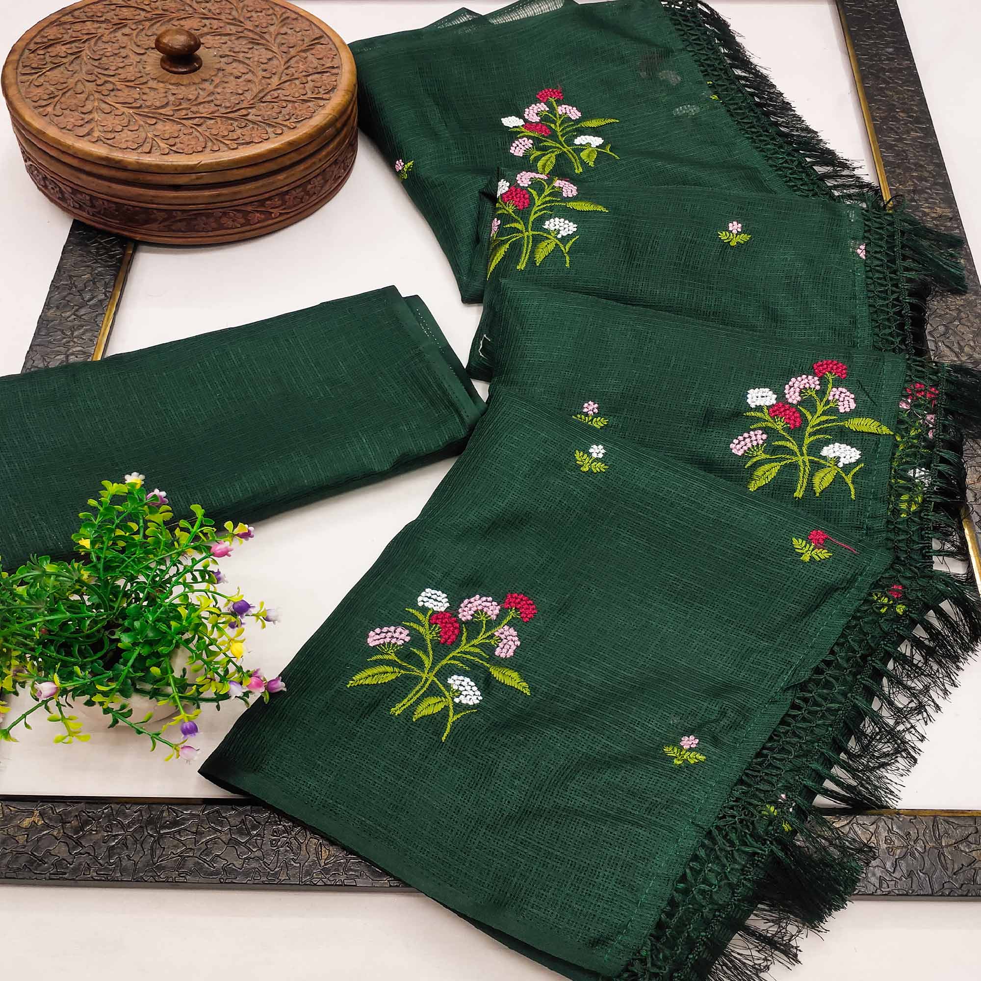 Green Floral Embroidered Kota Doria Saree With Tassels