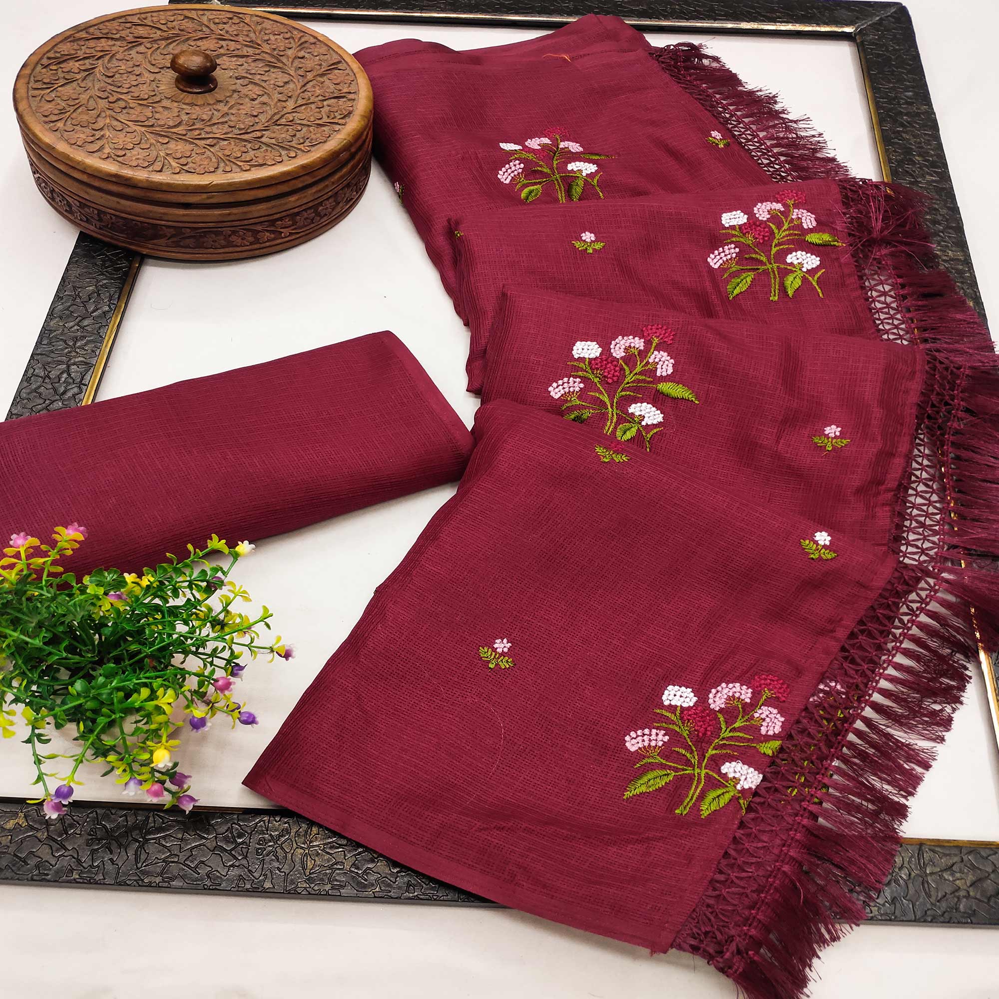 Maroon Floral Embroidered Kota Doria Saree With Tassels