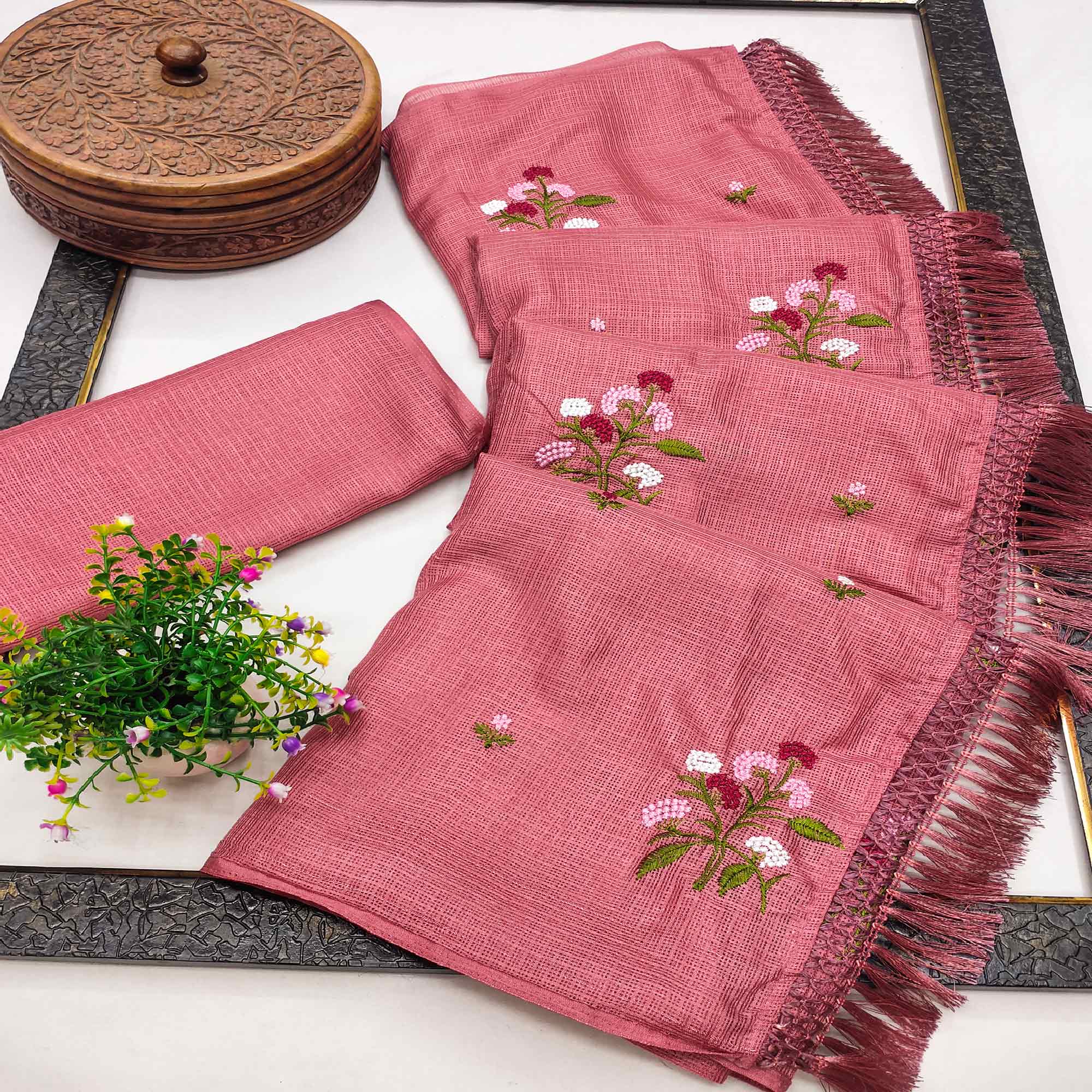 Peach Floral Embroidered Kota Doria Saree With Tassels