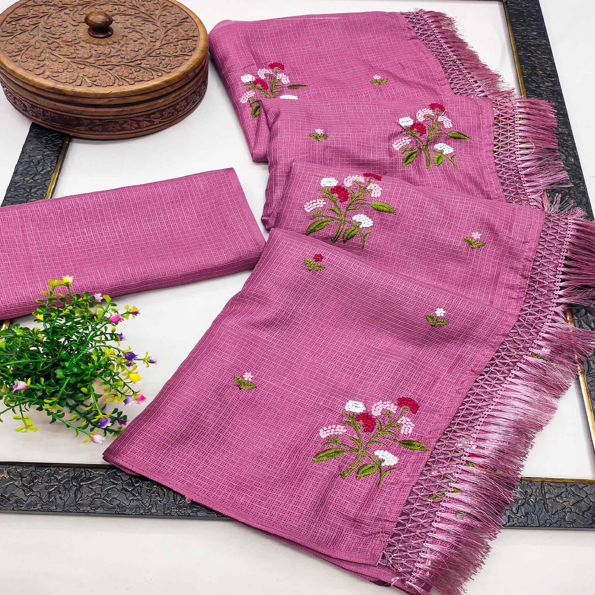 Pink Floral Embroidered Kota Doria Saree With Tassels