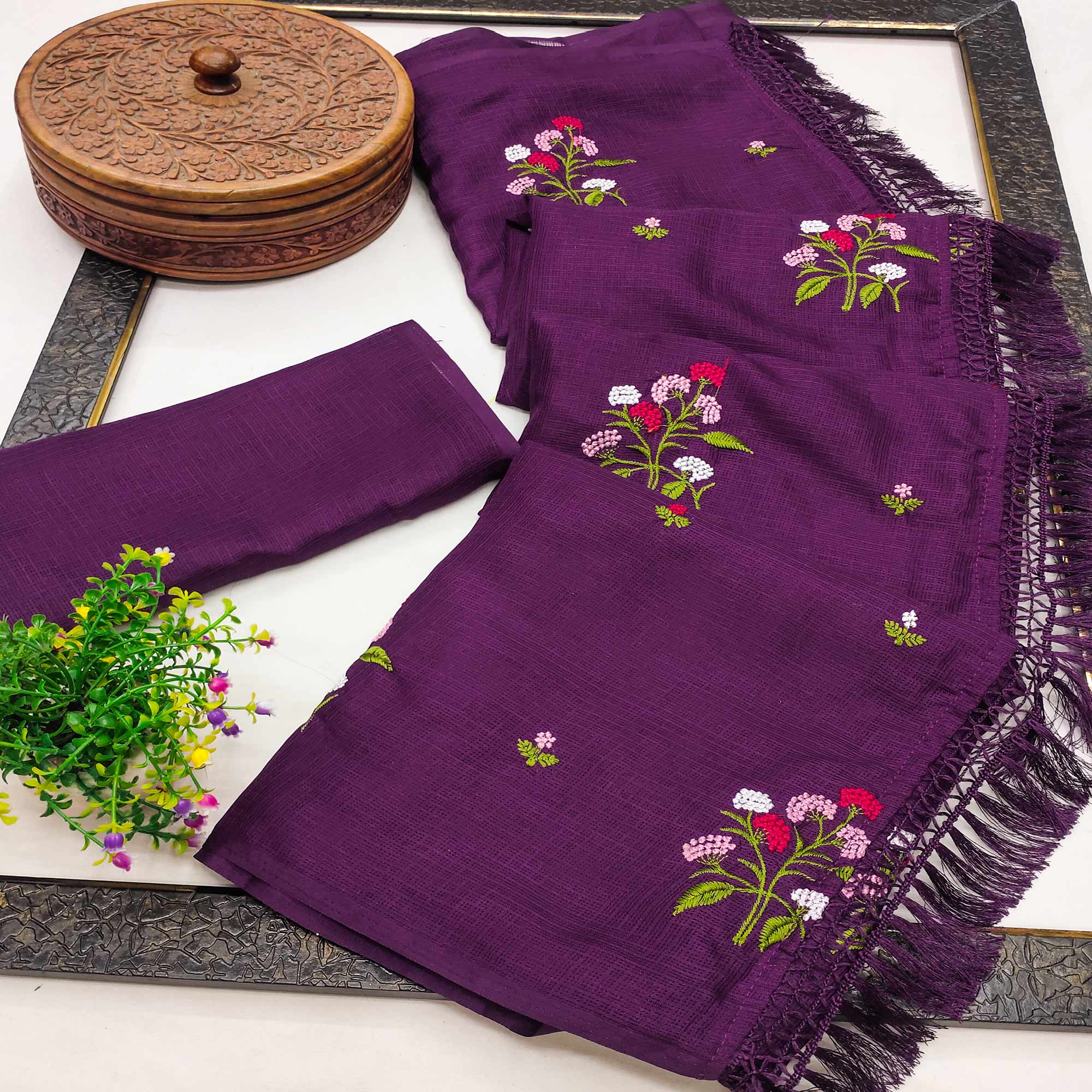 Purple Floral Embroidered Kota Doria Saree With Tassels