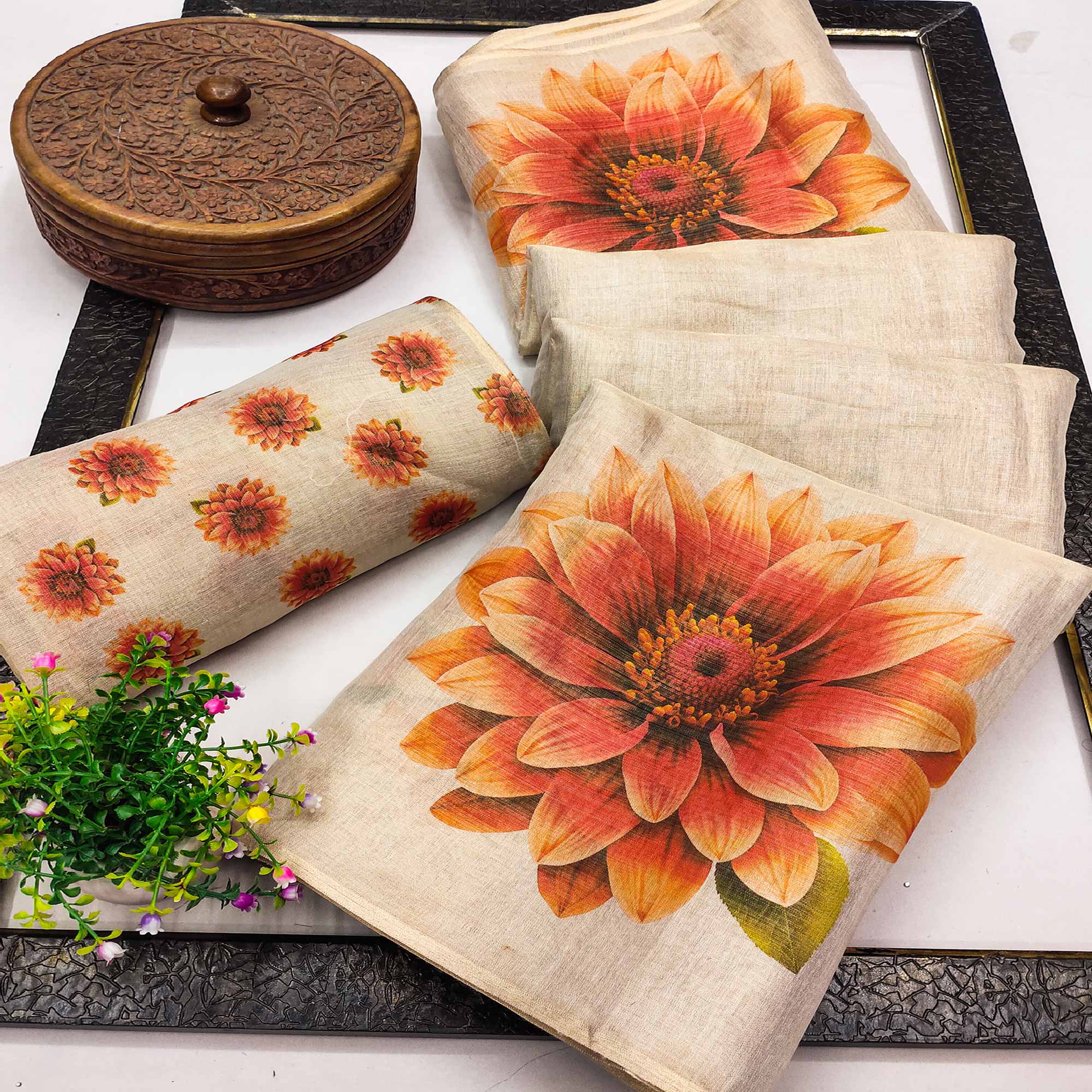 Light Chikoo Floral Printed Art Silk Saree