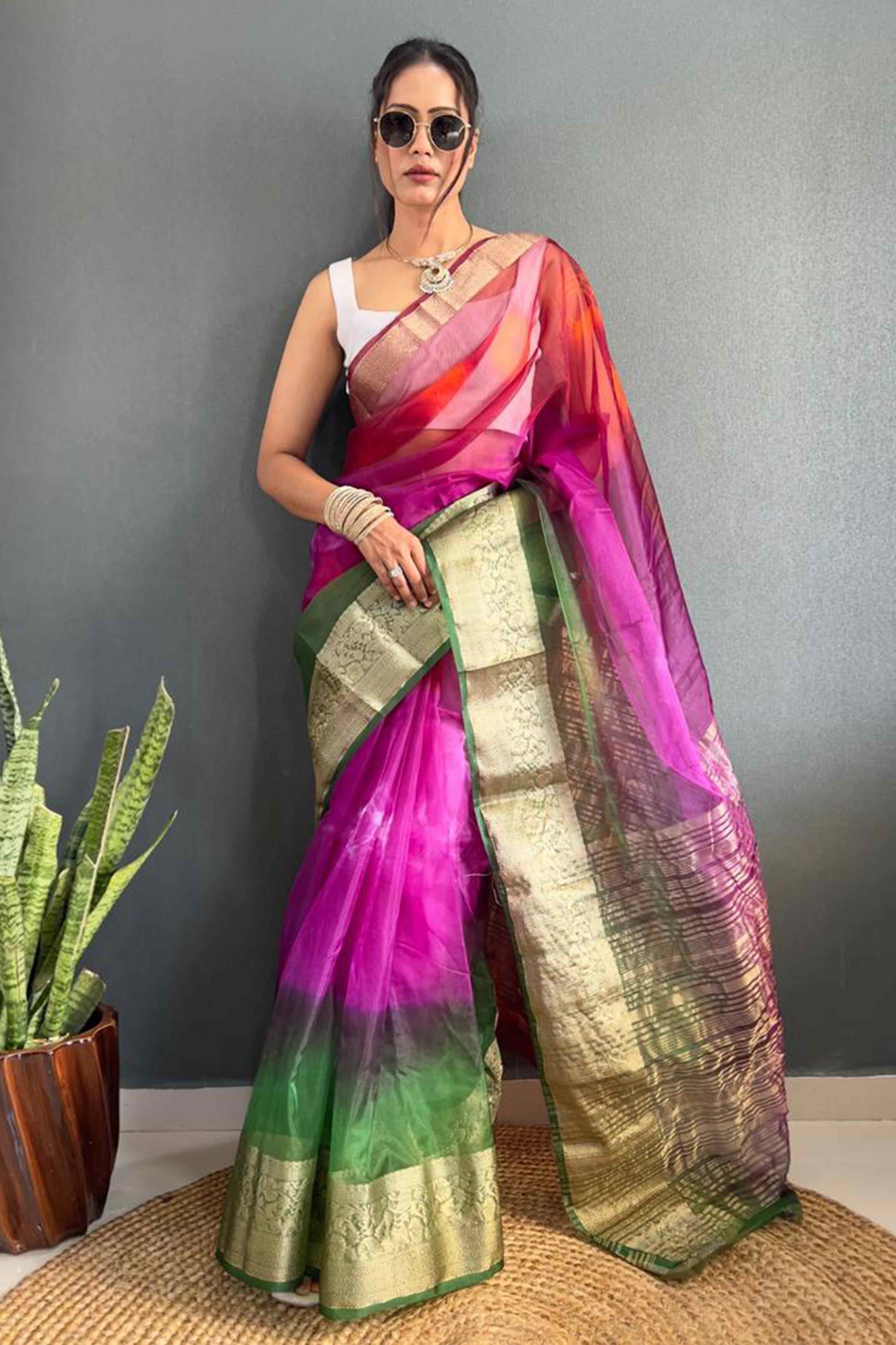 Multicolor Ombre Zari Woven Organza Saree