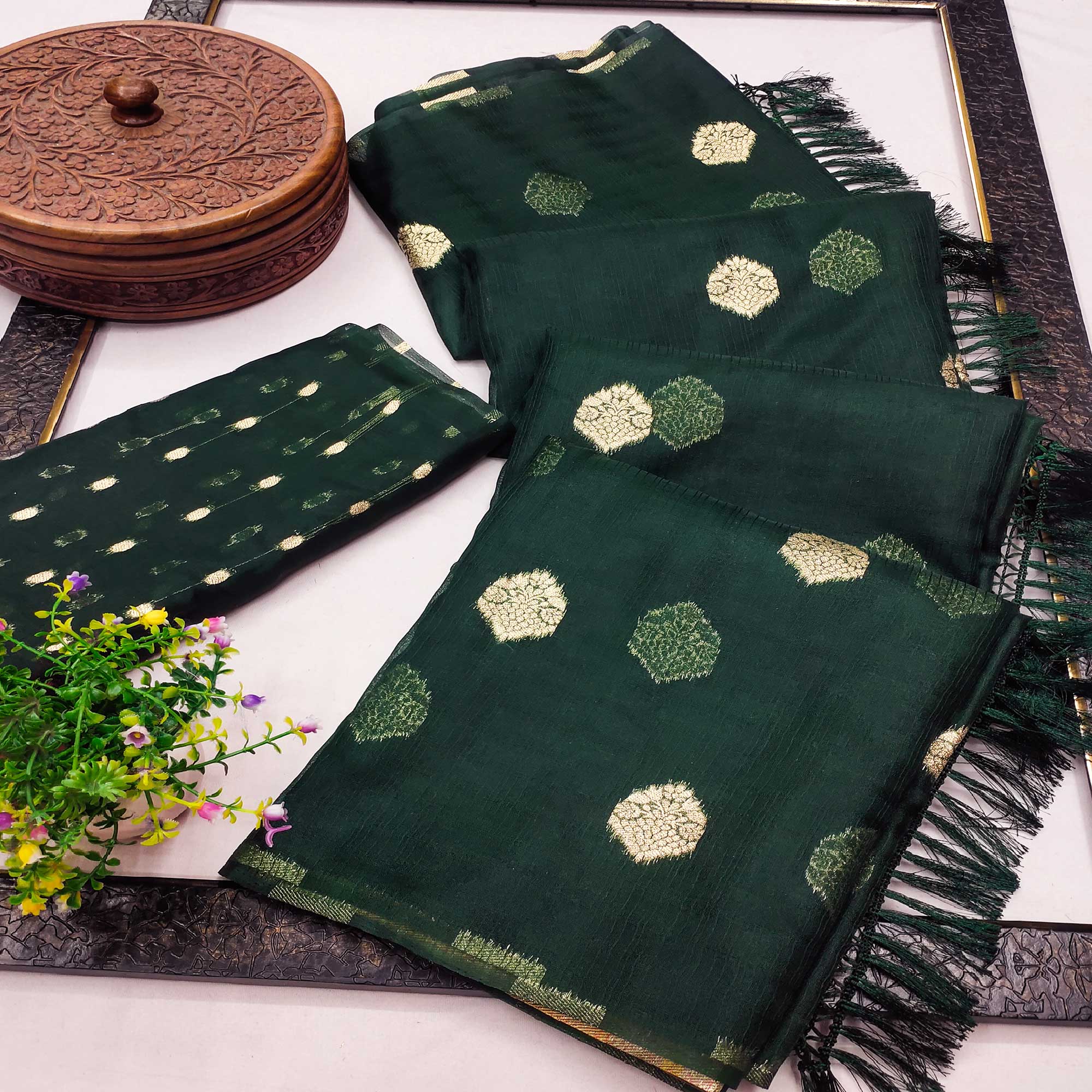 Green Floral Woven Organza Saree With Tassels