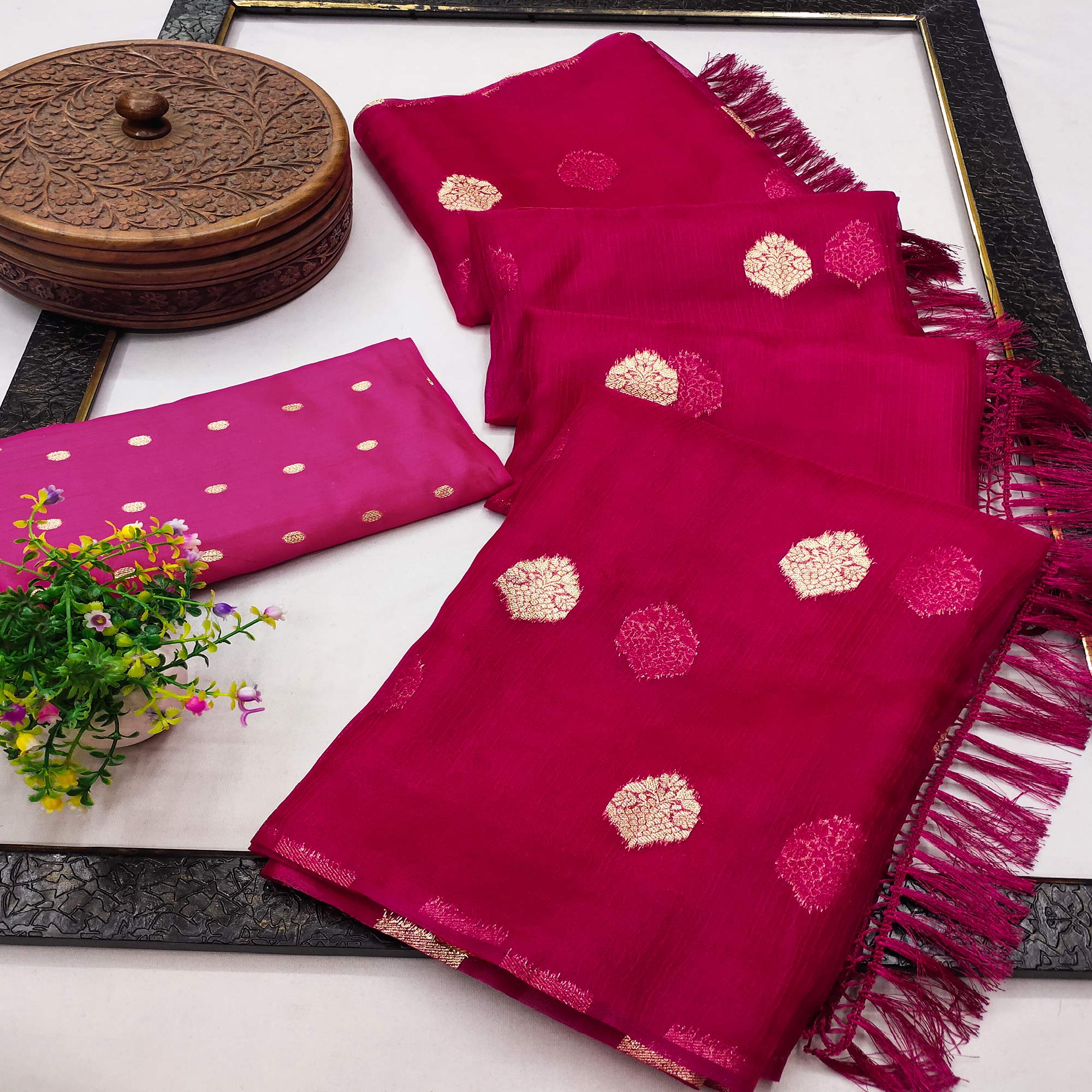 Pink Floral Woven Organza Saree With Tassels